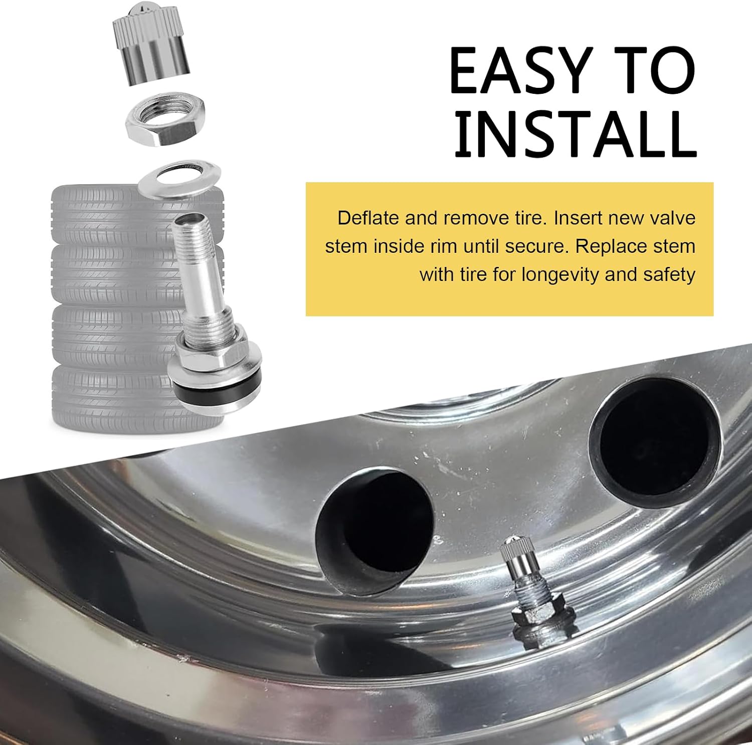 4PCS TR416 Valve Stems, Metal Tire Valve Stems Outer Mount, Fits 0.453" & 0.625" Rim Holes Long 1 1/2", 1.75" x 0.75" High Pressure Valve Stem Replacement Kit