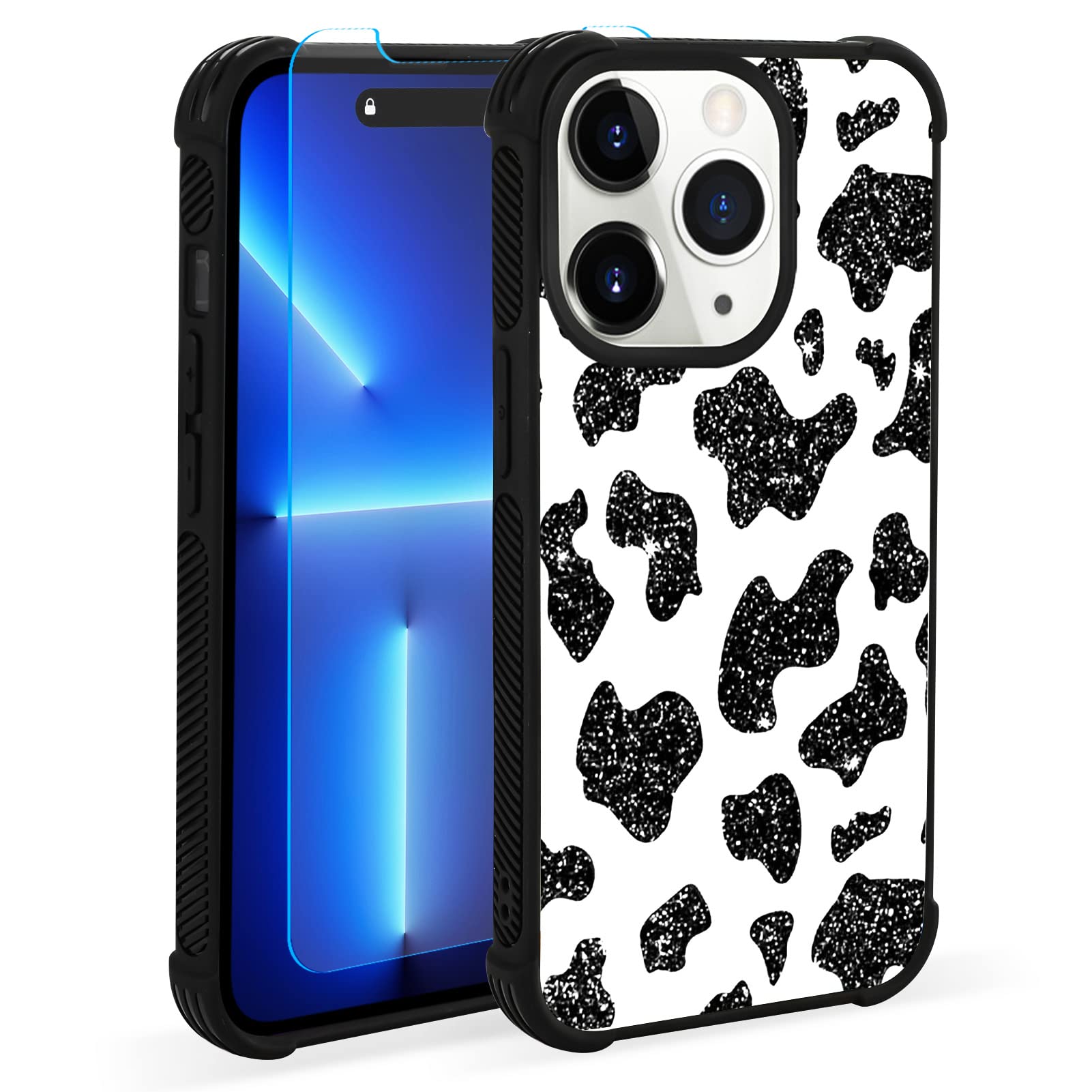 WlxeeCase Compatible with iPhone 14 Pro Max Case Glitter Cow Print Black White Cow Pattern Design,Tire Texture Non-Slip +Shockproof Rugged TPU Protective Case for iPhone 14 Pro Max Cute Case