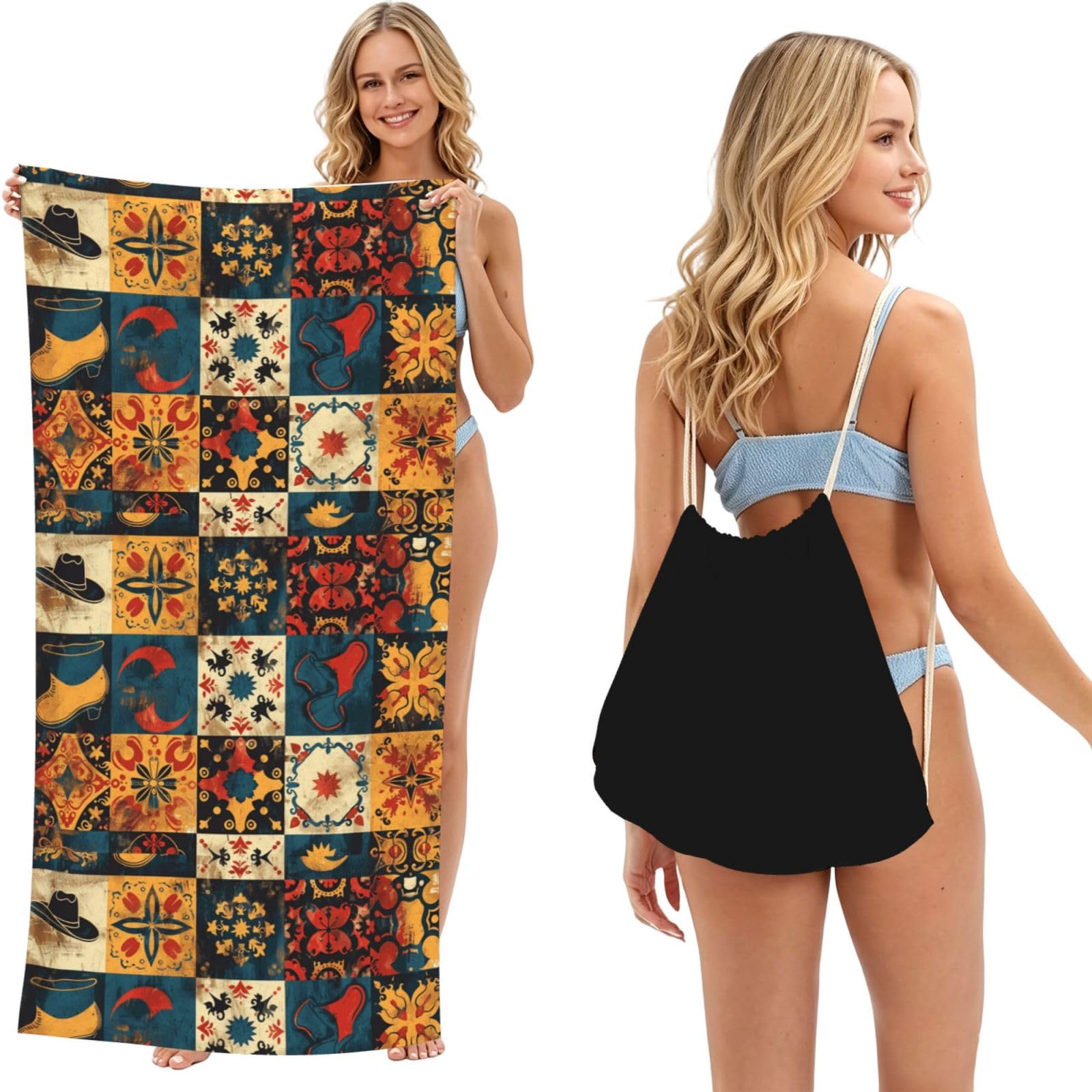 SKGOHLH Splicing ancient patterns 2in1 Packable Beach Towel Bag Women