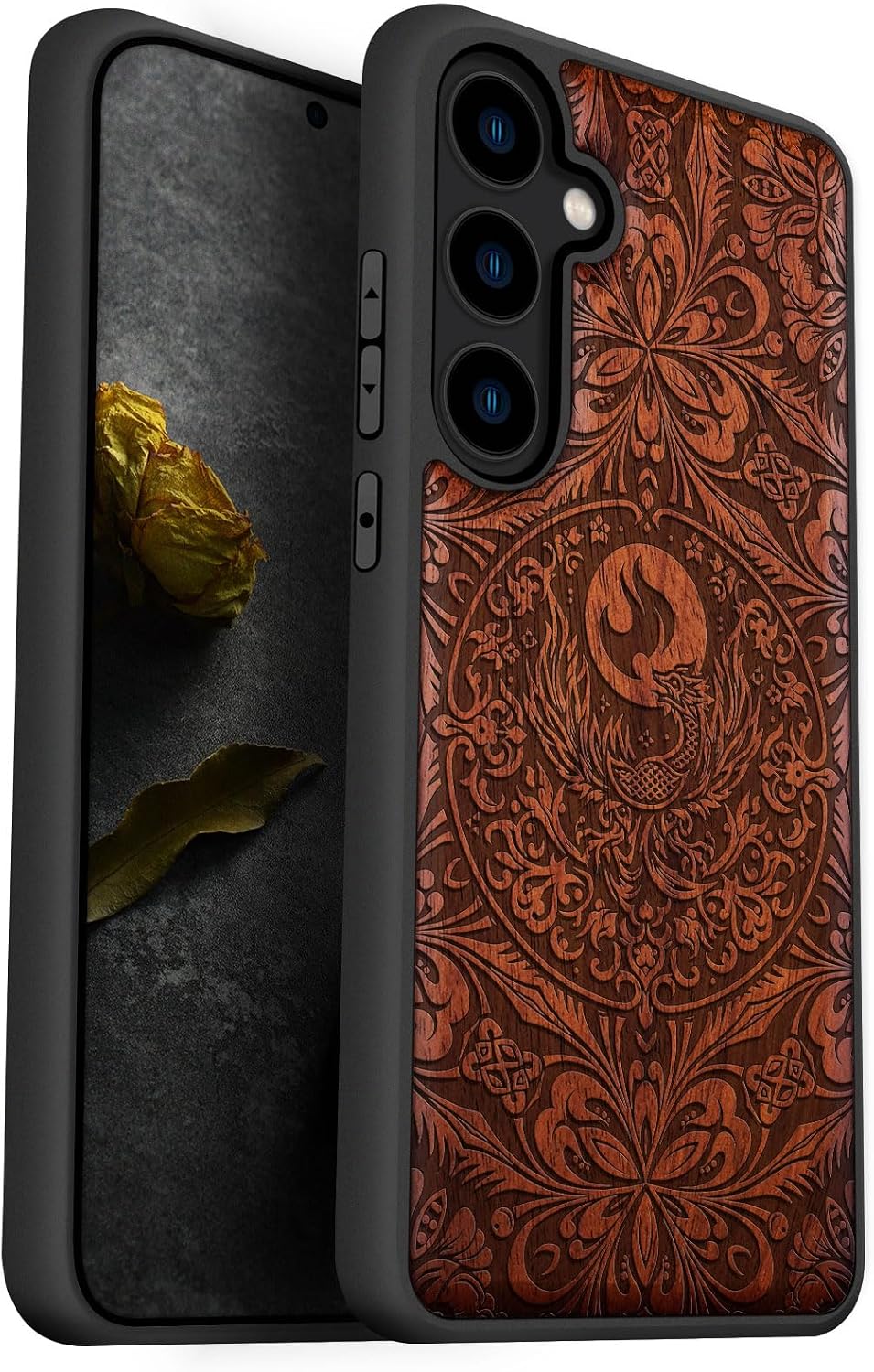 Carveit Wood Case for Galaxy S24 Case [Natural Wood & Black Soft TPU] Shockproof Protective Cover Unique Wooden Design Compatible with Samsung S24 (The Phoenix Mandala-Rosy)
