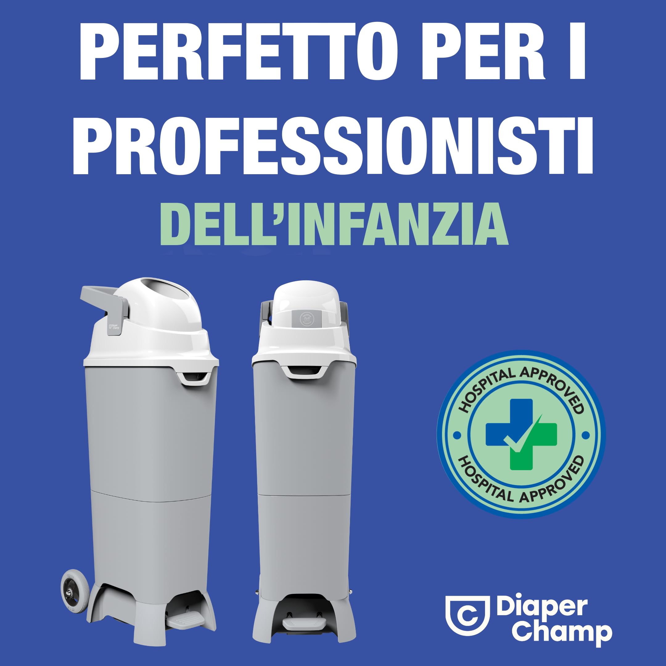 DIAPER CHAMP Maxi Handsfree plus - Mangiapannolini inodore - A mani libere - Grande capacità - 60 pannolini - con ruote - Usa sacchetti normali - Ideale per asili nido, scuole materne.