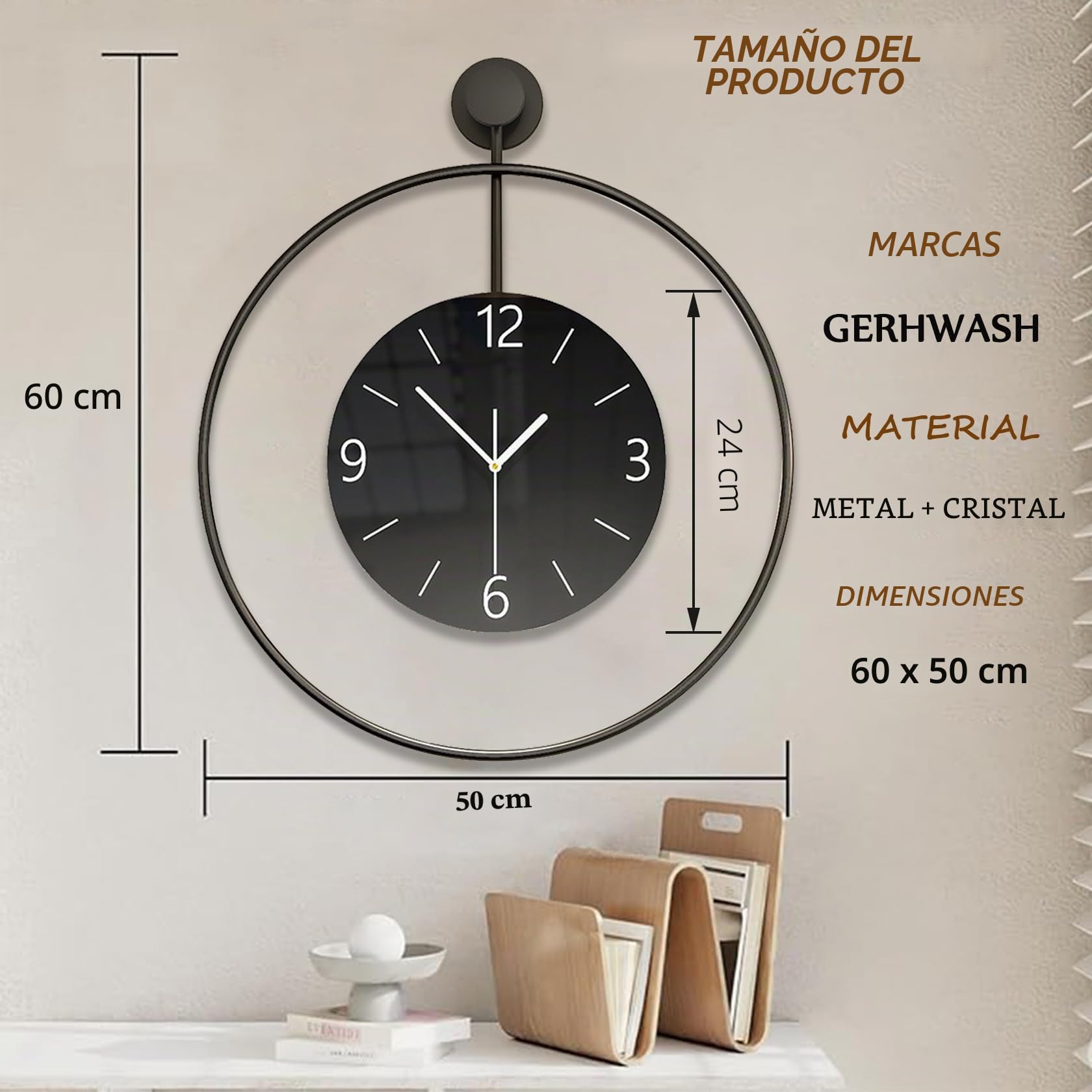 Reloj de pared grande de metal de 60 cm, sin ruido de tictac, silencioso, moderno, digital, esfera grande de cristal, color negro, para habitaciones, hogar, cocina, dormitorio, oficina