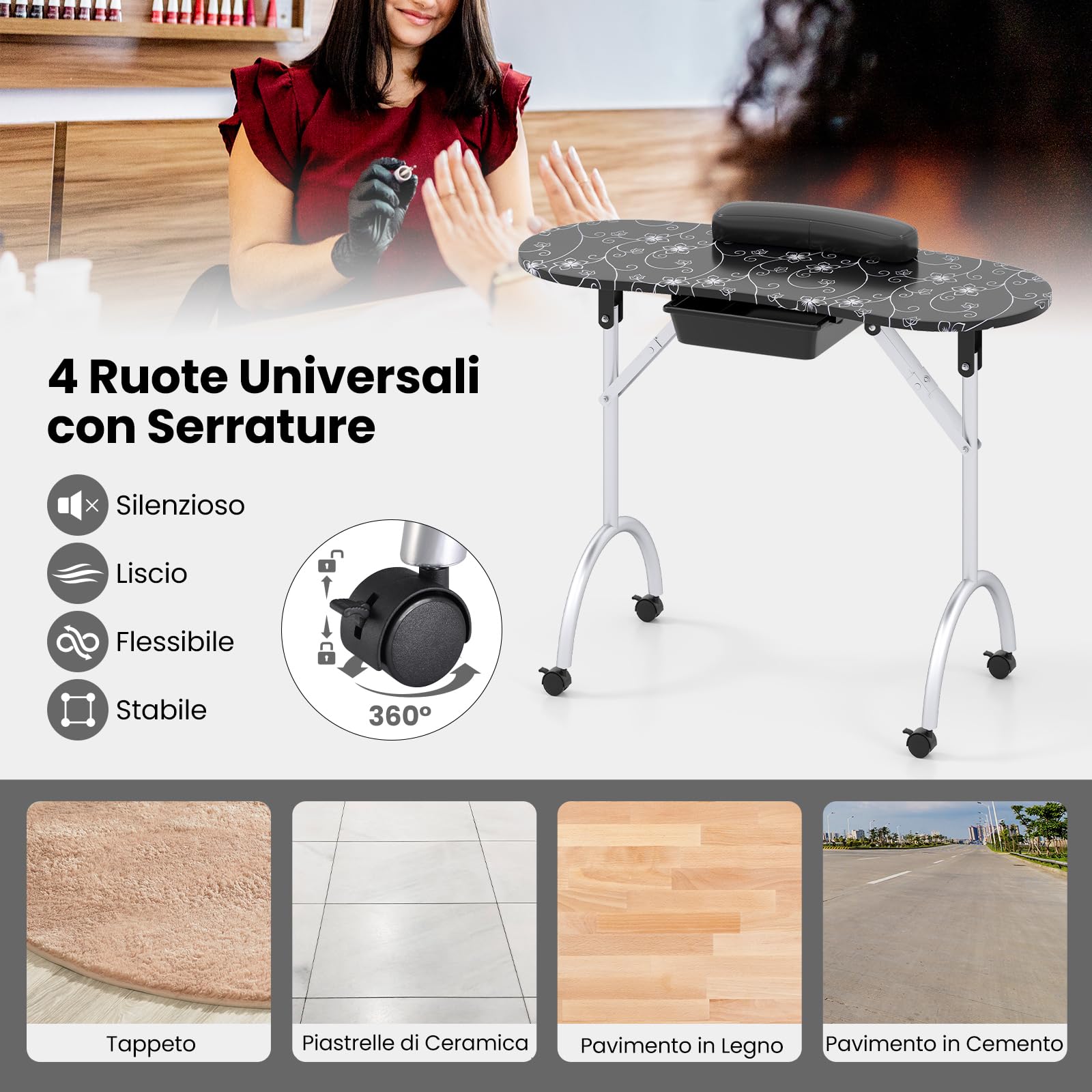 COSTWAY Tavolo Manicure Pieghevole, Tavolo Unghie Estetista Portatile con Ruote, Cassetto, Cuscino Poggiapolsi e Borsa