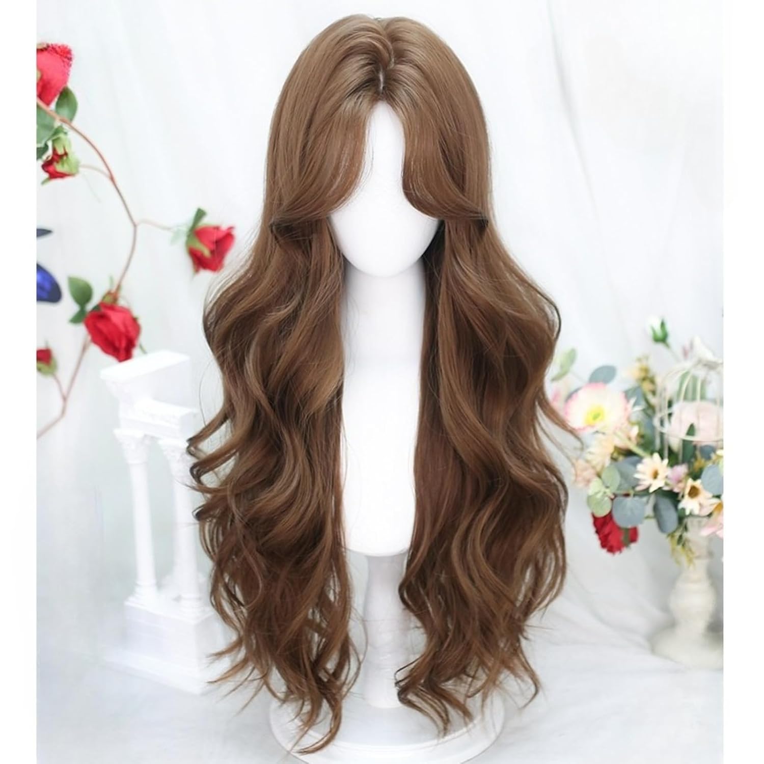 SCORRO Black,Pink,Brown Wig with Curtain Bangs Long Curly Wavy Hair Lolita Cute Harajuku Wig Full Headband Natural Fluffy Curls Women's Wig for Daily Wear, Cosplay, Party (honey brown)