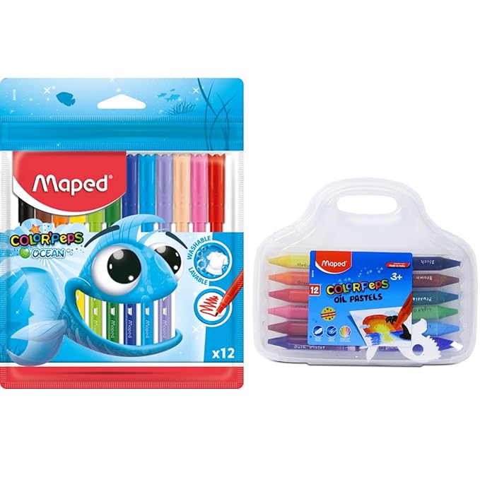 MAPED Colouring Kit - 2Pcs Set Washable Felt Tip Pen X12 Shades Oil Pastels 12 Shades | Oil pastel with Plastic Case| Bright shade Sketch pens| Birthday Gift|Rakhi Gift| Return Gift