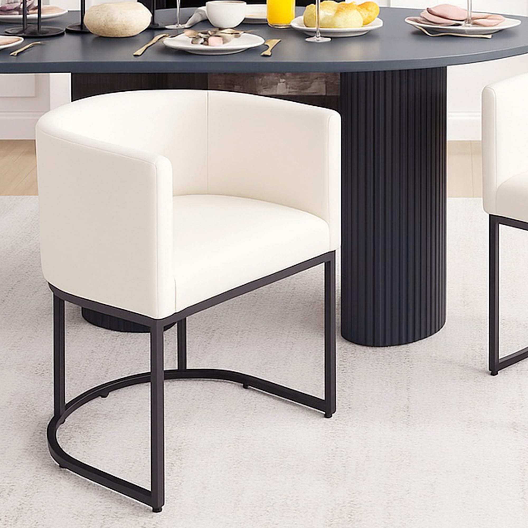 HNY Mid Century Modern Upholstered Barrel Dining Chair with Arms, Leather Kitchen &amp; Dining Room Chair, 18.5" Wide Accent Chair for Dining Room Living Room with Black Metal Frame, White
