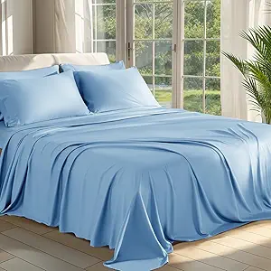 Shilucheng 100% Viscose Derived from Bamboo_ Sheets Cal King Size 6pcs - Ultra Cooling & Silky Soft Bed Sheets, 16" Deep Pocket, Perfect for Hot Sleepers, Hotel Bedding Sheets (Lake Blue)