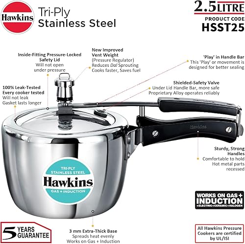 Miniatura 7 de Hawkins Olla a presión de acero inoxidable triple de 2,5 litros, cocina de tapa interior, plata (HSST25)