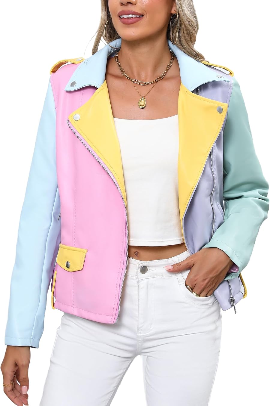 Bellivera Women's Faux Leather Color-Block Moto Zip Up Jacket