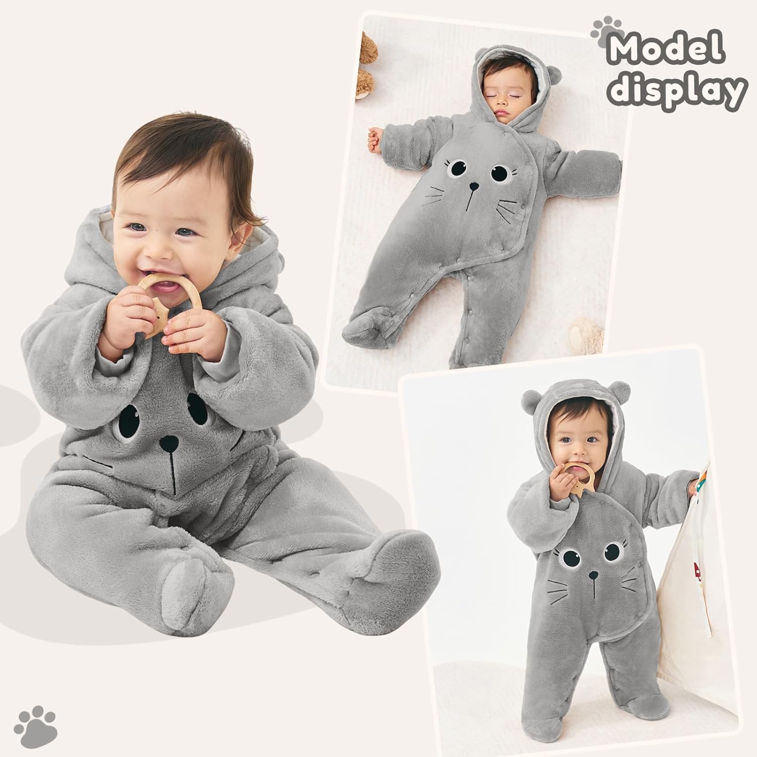 JiAmy Newborn Baby Winter Hooded Romper Fleece Snowsuit Jumpsuit Cartoon Cat Outfits 0-12 Months - Image 8
