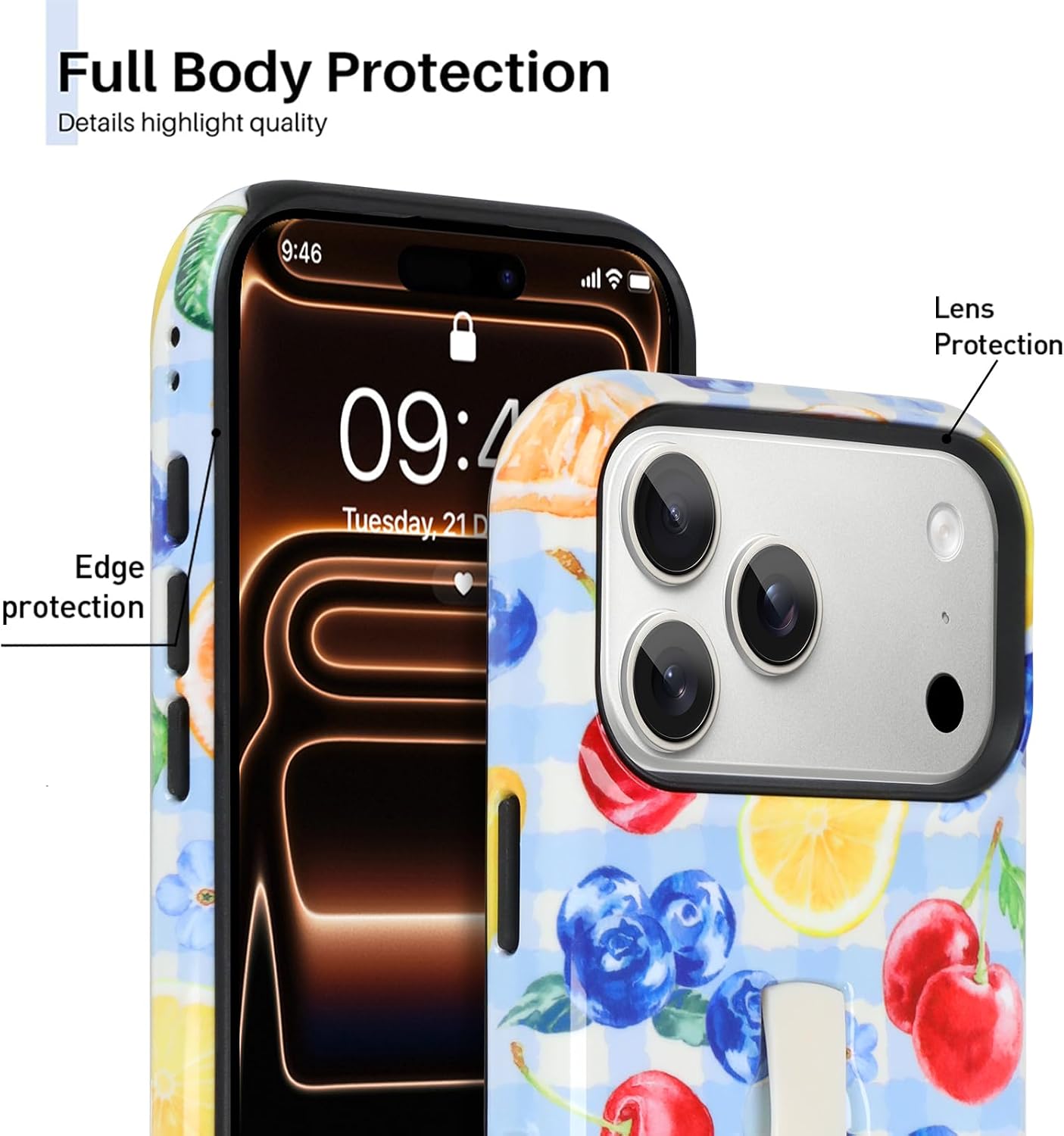 Compatible with iPhone 17 Pro Max Case, Cute Glossy Checkered Fruit Design, Built in Adjustable Wrist Strap Grip Hand Holder Stand Kickstand Shockproof Hard Cover (Blue)