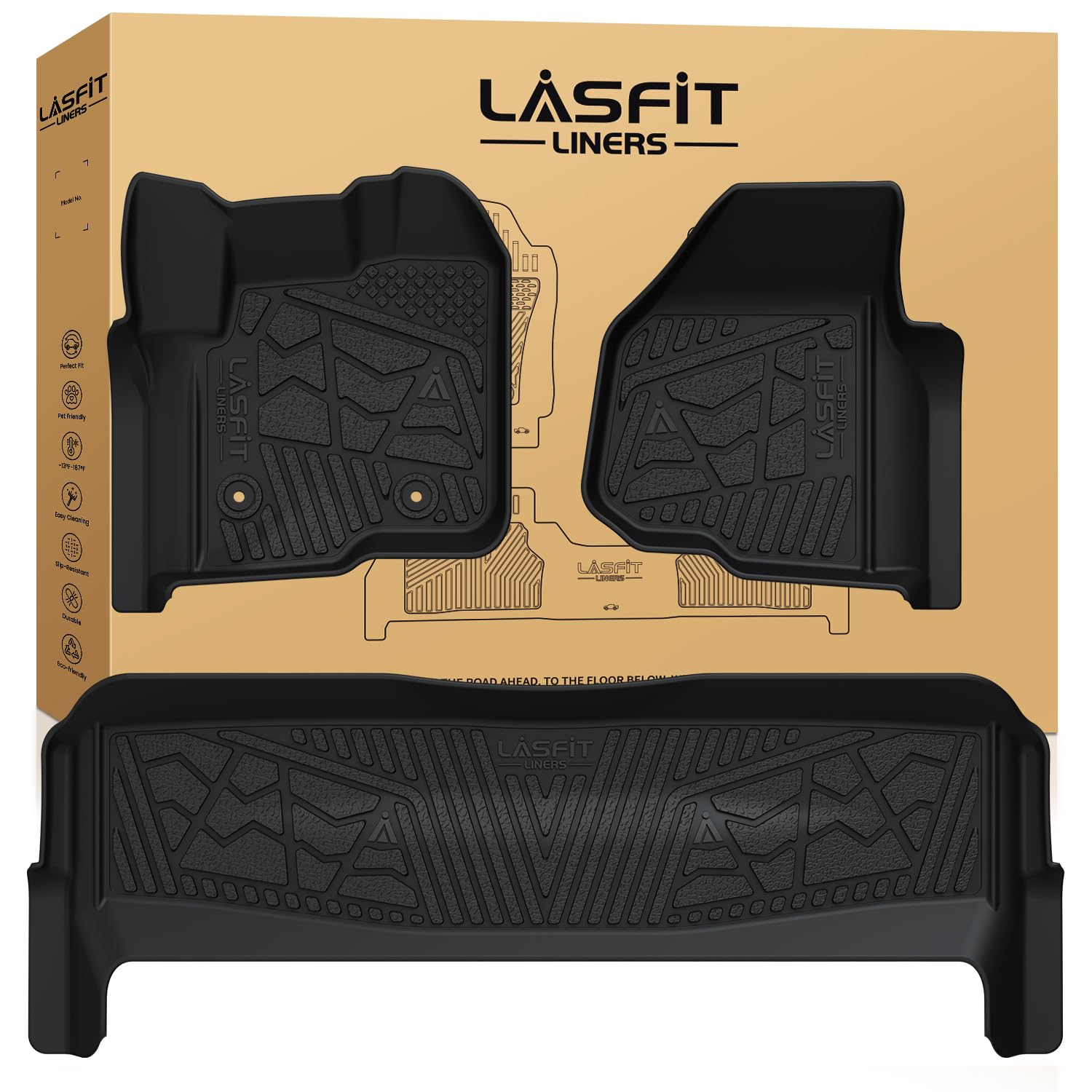 LASFIT Floor Mats for Ford F250 F350 2012-2016 Super Duty Crew Cab Without Manual Transfer Case Shifter All Weather Protector TPE Car Carpet Floor Liners, 1st & 2nd Rows, 3pc Black