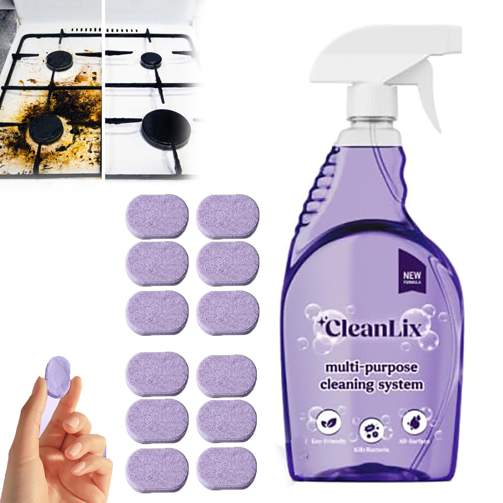 LXCJZY Cleanlix Cleaner,Cleaning Spray with Concentrated Cleaning Tablets,The All-in-One Solution for Every Stain,All Purpose Cleaning Spray,Cleaner for Instant Stain Removal (12pcs)