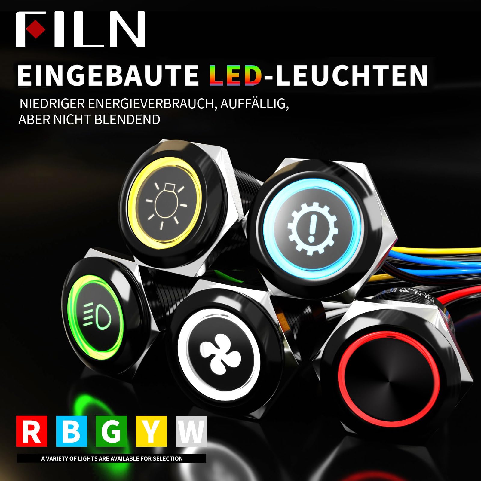 2Stück 19mm LED Schalter vorgegattert mit Kabel，12-24V DC IP67 Ein/Aus Schalter mit 185 Symbolen，für Beleuchtung, Stromversorgung & Industrieanlagen（Rot LED，1CH）