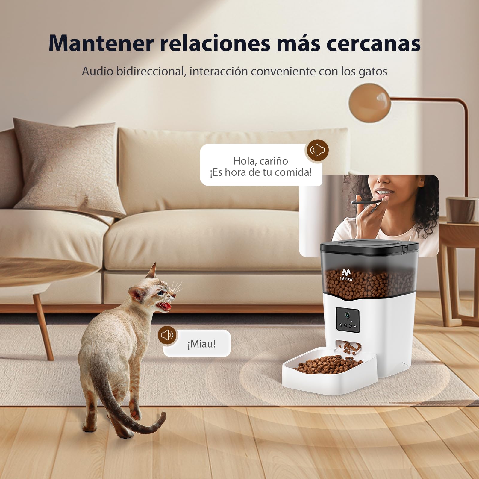 IMIPAW Comedero Gato Automatico con Cámara, 1080P HD, 5G | 2.4G WiFi, App Control Dispensador Automático Inteligente para Gatos y Perros, Audio Bidireccional (Blanco)