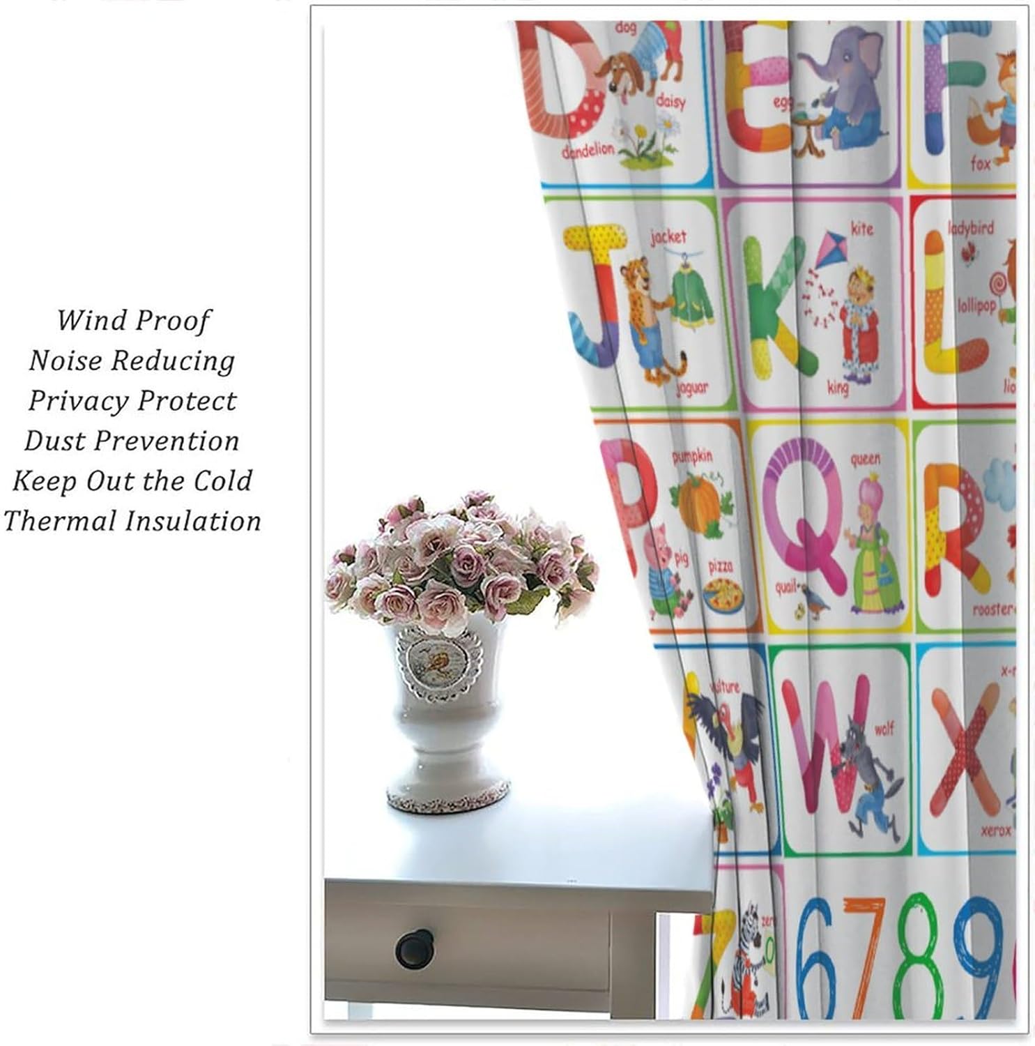 Alphabet ABC Curtains, Cute Number Education Learning Blackout Window Treatments Cartoon Animal Alphabet Tools Drapes for Kids Girls Boys Baby Nursery Bedroom Study Room Classroom W84xL84in