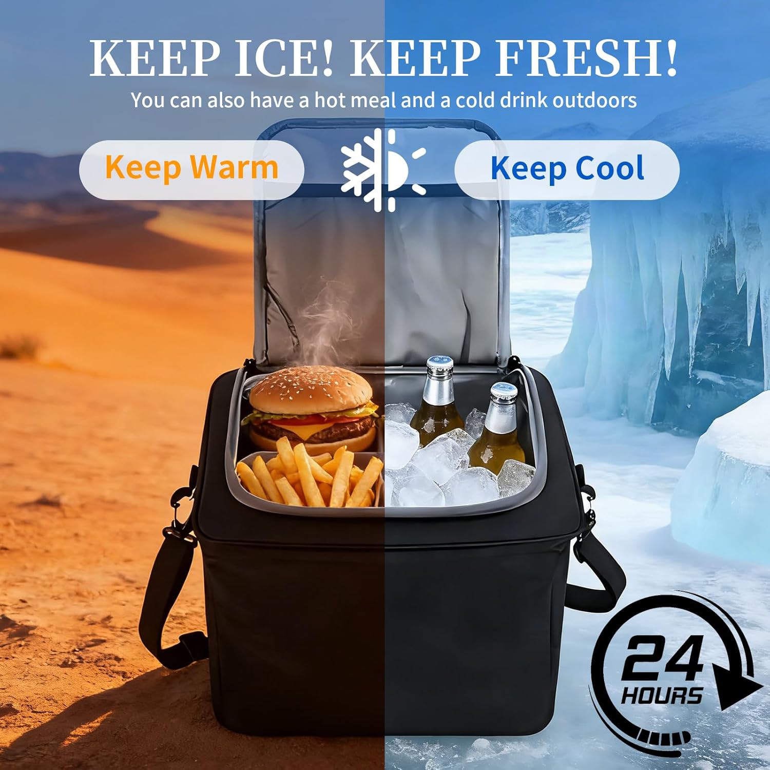 Collapsible Trunk Organizer for Car with Insulated Leakproof Cooler Bag, 3 Compartments SUV Cargo Organizer w/Removable Dividers, 5-in-1 Storage w/Foldable Lid & 2 Tie-Down Straps (Black)