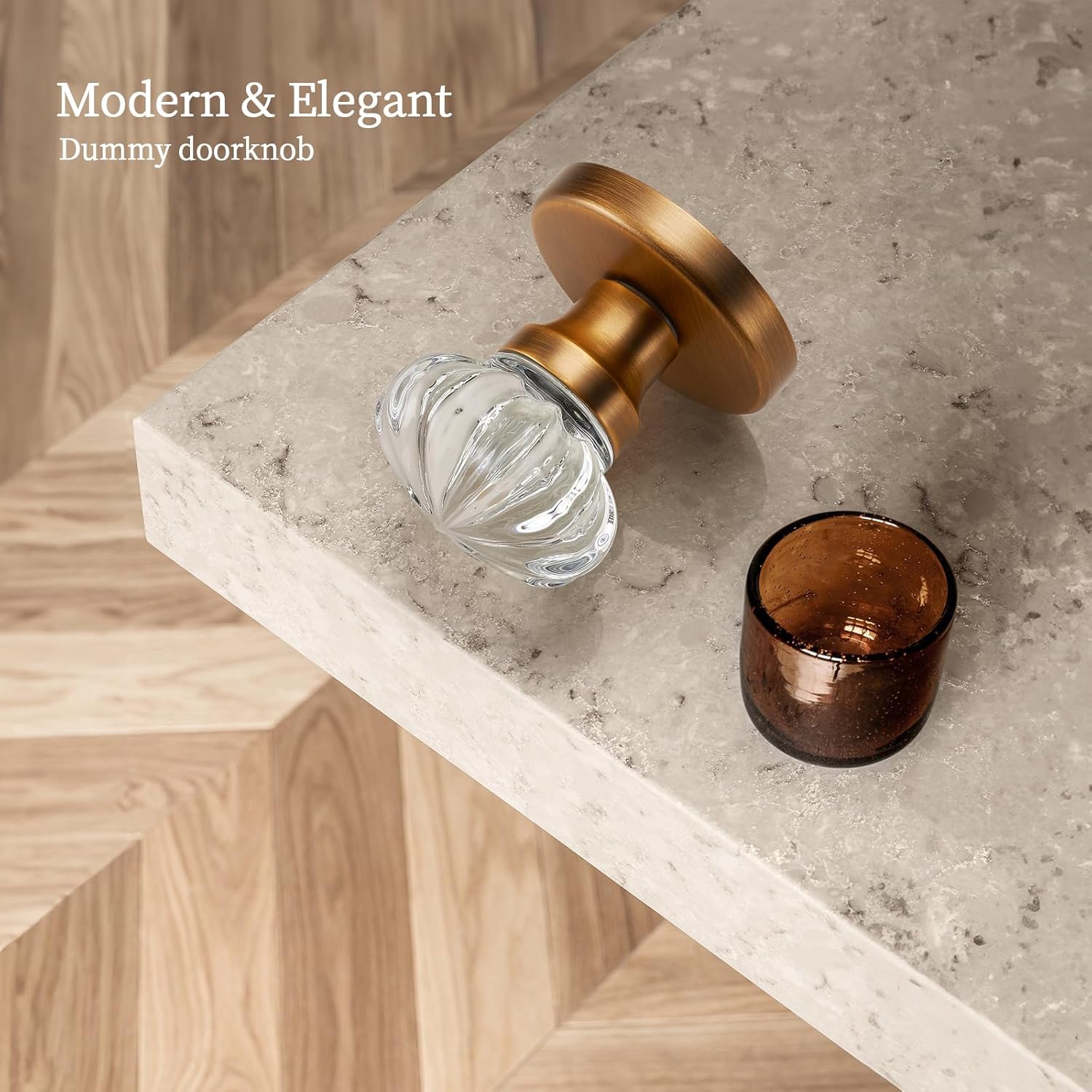 Rotating Dummy Door Knob Set – 2 Pack Clear Crystal Glass Knobs with Antique Amber Brass Rosette, Flower Design Decorative Non-Latching Handle for Closet, French Door, Cabinet