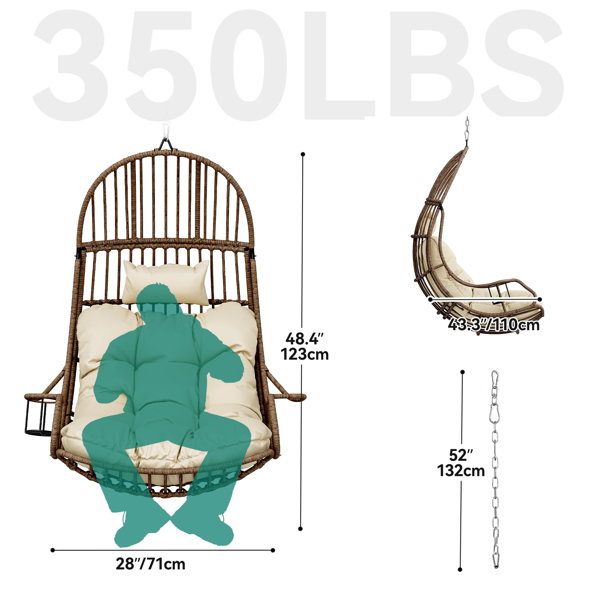 YITAHOME Hängesessel Eierschaukel 150 kg Belastbarkeit, Rattan Schaukelsessel mit Kissen & Getränkehalter, Hängekorbstuhl für Garten, Terrasse, Balkon, Wohnzimmer, Beige