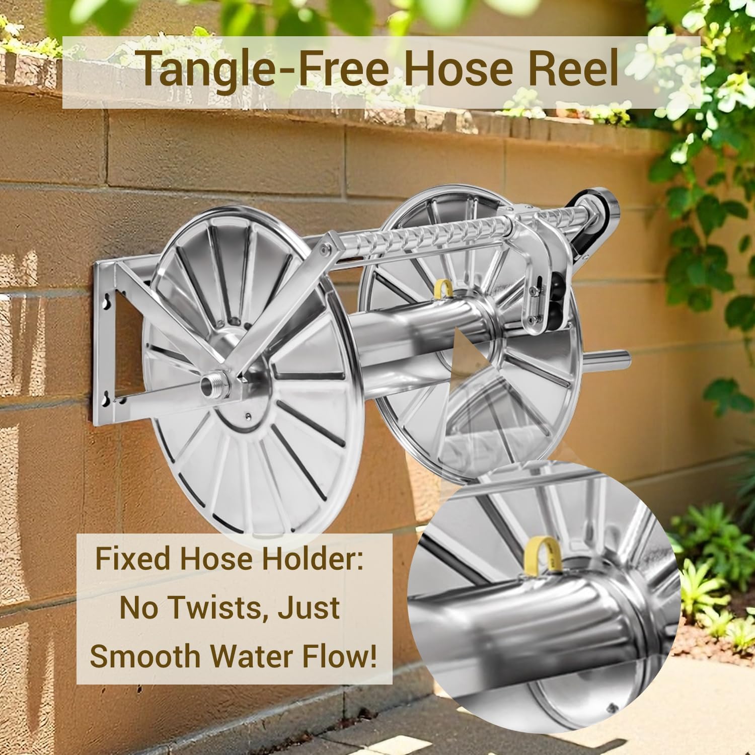 Stainless Steel Hose Reel – Wall-Mount Garden Hose Reel with Sliding Guide, 5ft Leader Hose, Heavy-Duty Hose Reel, Holds 150ft of 5/8" Hose