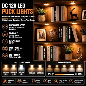 Smart Bluetooth Under Cabinet LED Puck Lights, Dimmable (2, Tunable White)