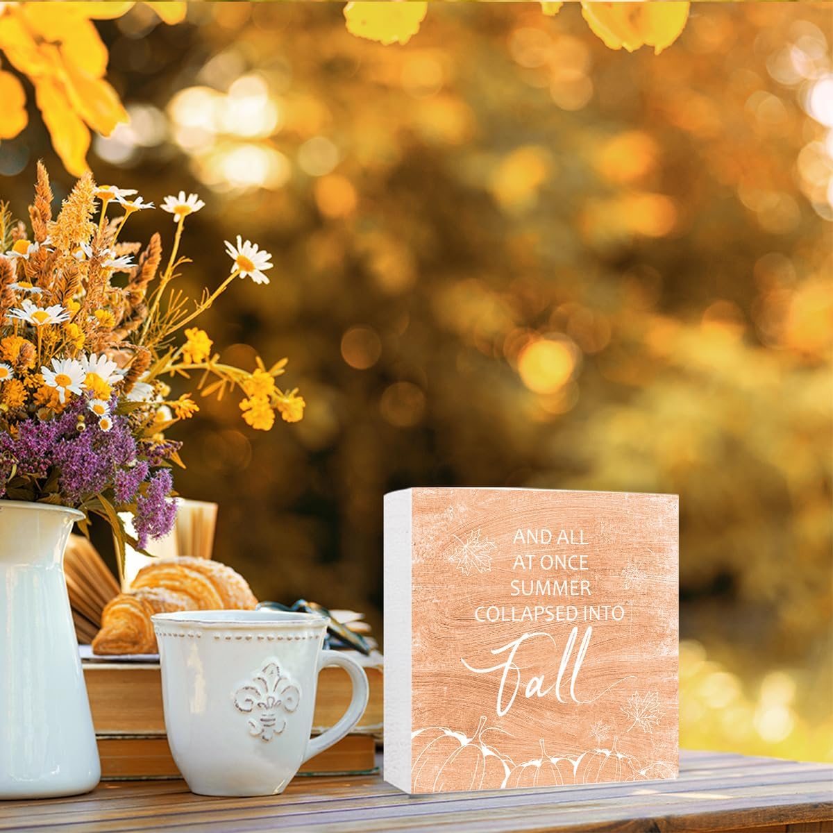 Funny Autumn Wood Box Sign Into Fall Wooden Block Desk Decor for Home Office Kitchen Cubicle Table Shelf Tabletop,Farmhouse Fall Sign Decor image 5