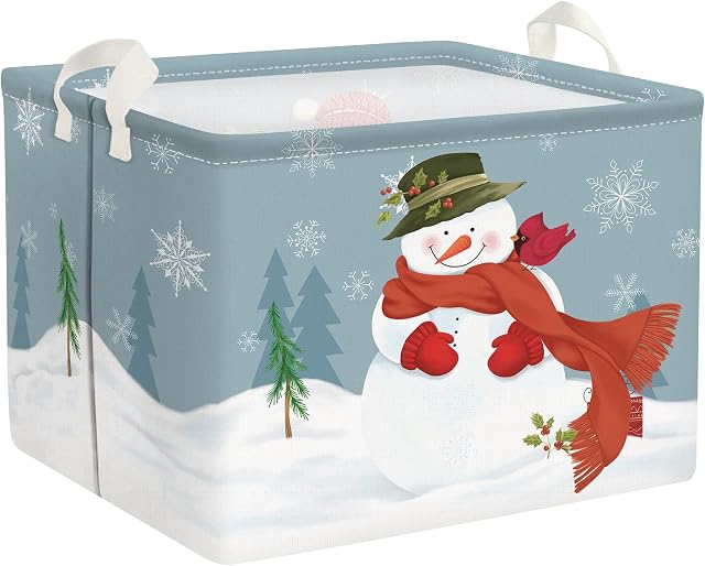 Clastyle Waterproof Blue Smile Snow Man Christmas Ornament Storage Baskets for Toys Clothes Bedroom, 15.7x11.8x11.8 in