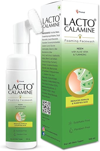 Lacto Calamine Neem Aloe Turmeric Foaming Face wash| Reduces pimples| Purifies skin| With Built-in foaming Brush|Sulphate free face wash|Paraben Free| 150 ml x Pack of 1