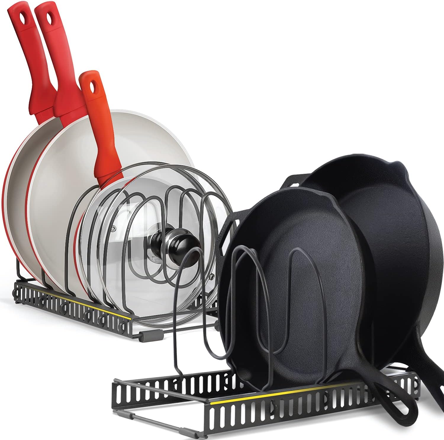 Pot Racks Organizer for Cabinet - Scratch Protective Padding - 2 Large Racks 12 Adjustable Dividers - Expandable Storage for Pots and Pans Holder Organizer Rack Kitchen Cabinet Organizers - Dark Grey -