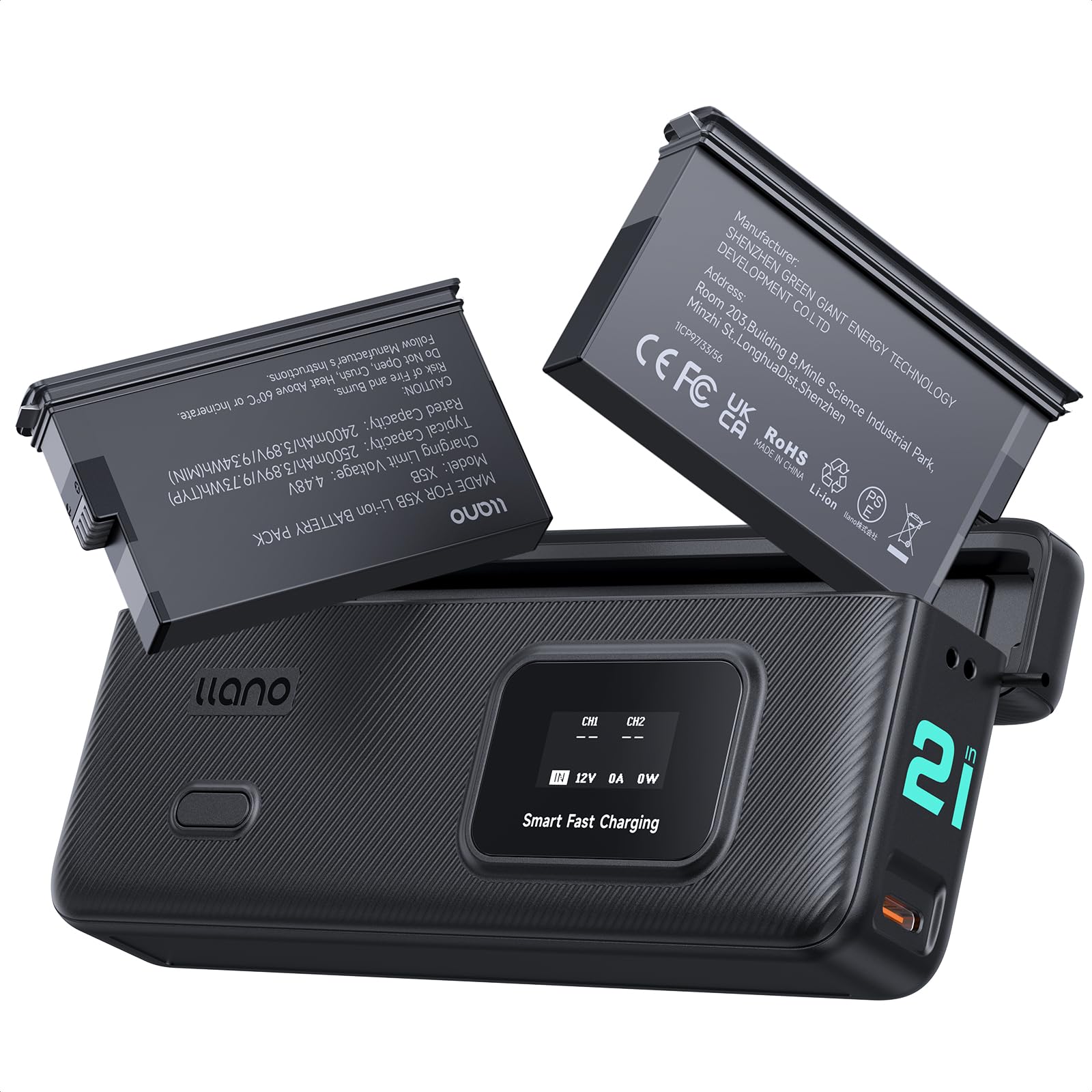 llano AC2 30W Schnellladegerät-Hub für Kamera-Akkus mit einem 2er-Pack 2500mAh X5 Ersatzakkus for Insta360 X5 Action-Kamera, DREI-Slot PD-Ladung, LED-Anzeige