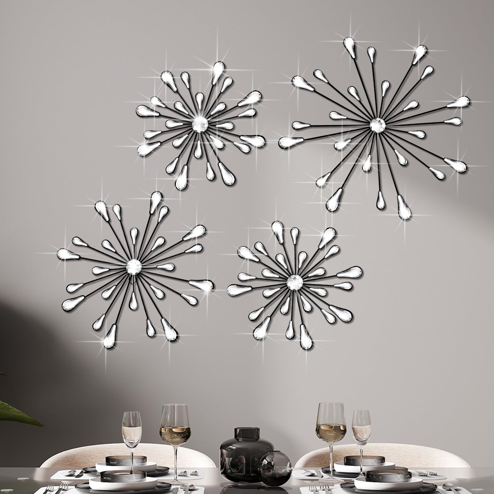 Hicarer 4 Pcs Starburst Wall Decor Bling Wall Art Crystal Teardrop 3D Hanging Rhinestone Radial Metal Artwork Modern Accent Sculptures Decorations for Living Room Home Office Bedroom(Black)
