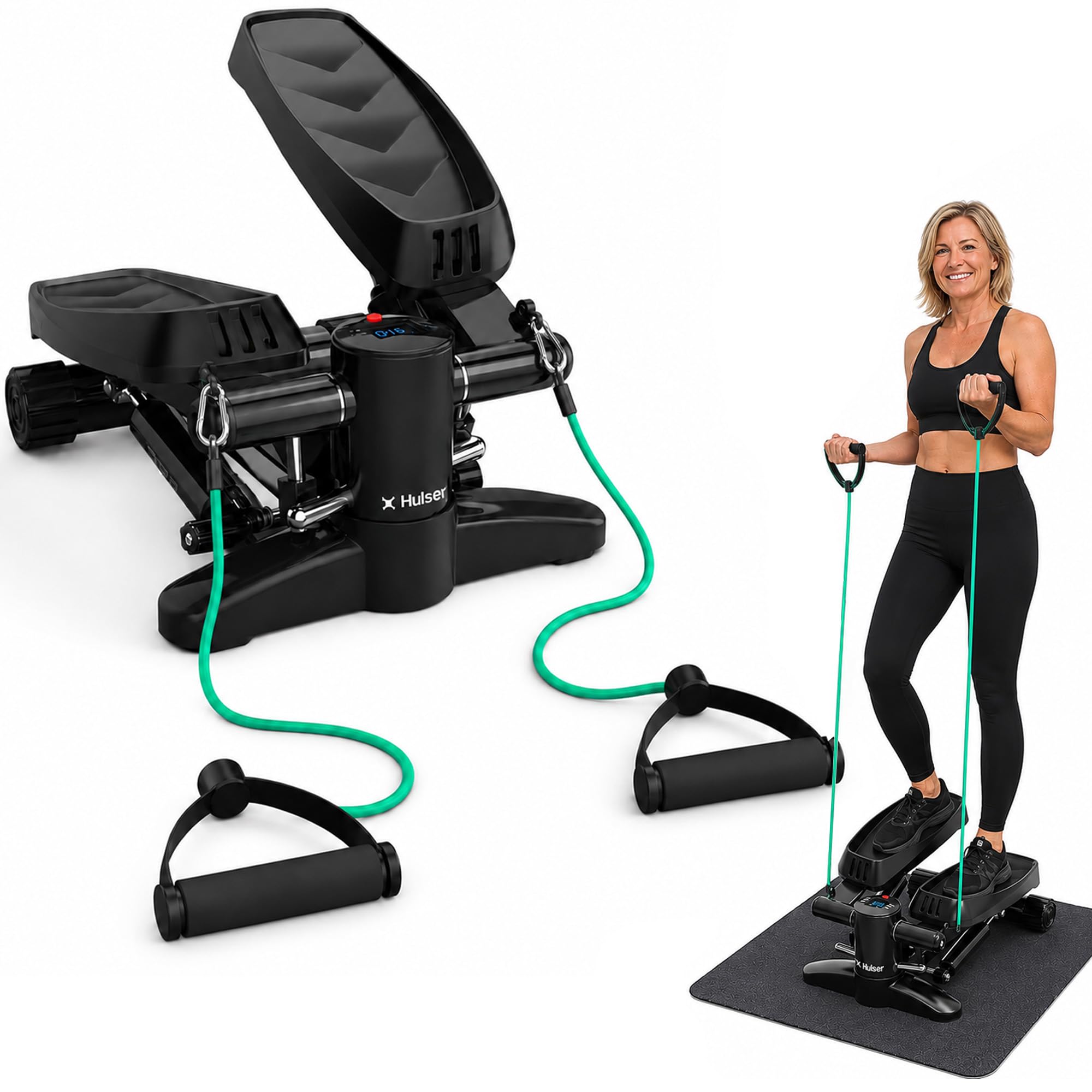Hulser 2-in-1 Stepper für Zuhause mit Display - Ganzkörpertrainer mit Anpassbarem Widerstandssystem & Widerstandsbändern - Fitness Gerät für Arme, Oberschenkel, Gesäß & Schultern - Mit Bodenmatte