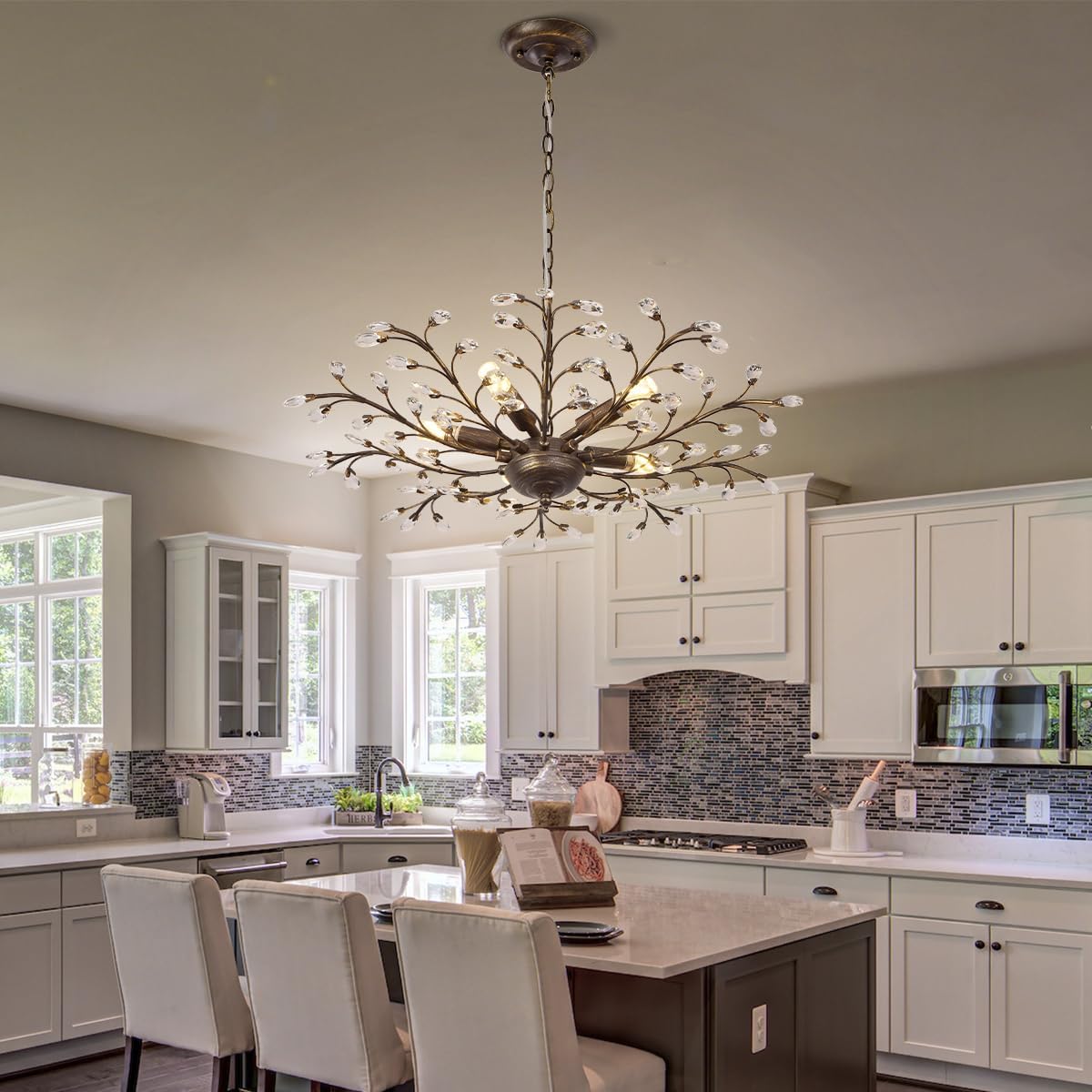 Vintage Crystal Chandelier with Aged Bronze Branch Design, 5-Light Ceiling Hanging Light Fixture for Dining Room Living Room Bedroom Hallway, Height Adjustable
