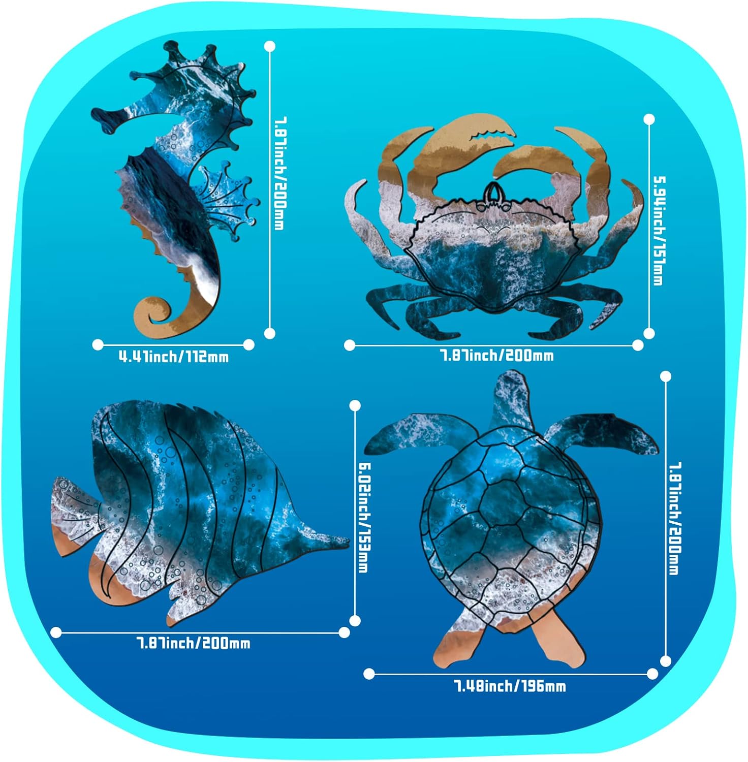 Qunclay Christmas Coastal Wall Decor Christmas gift Summer Beach Wall Art Decor Sea Turtle Seahorse Crabs Fish Wooden Ocean Beach Themed Hanging Art(Vivid) - Image 3