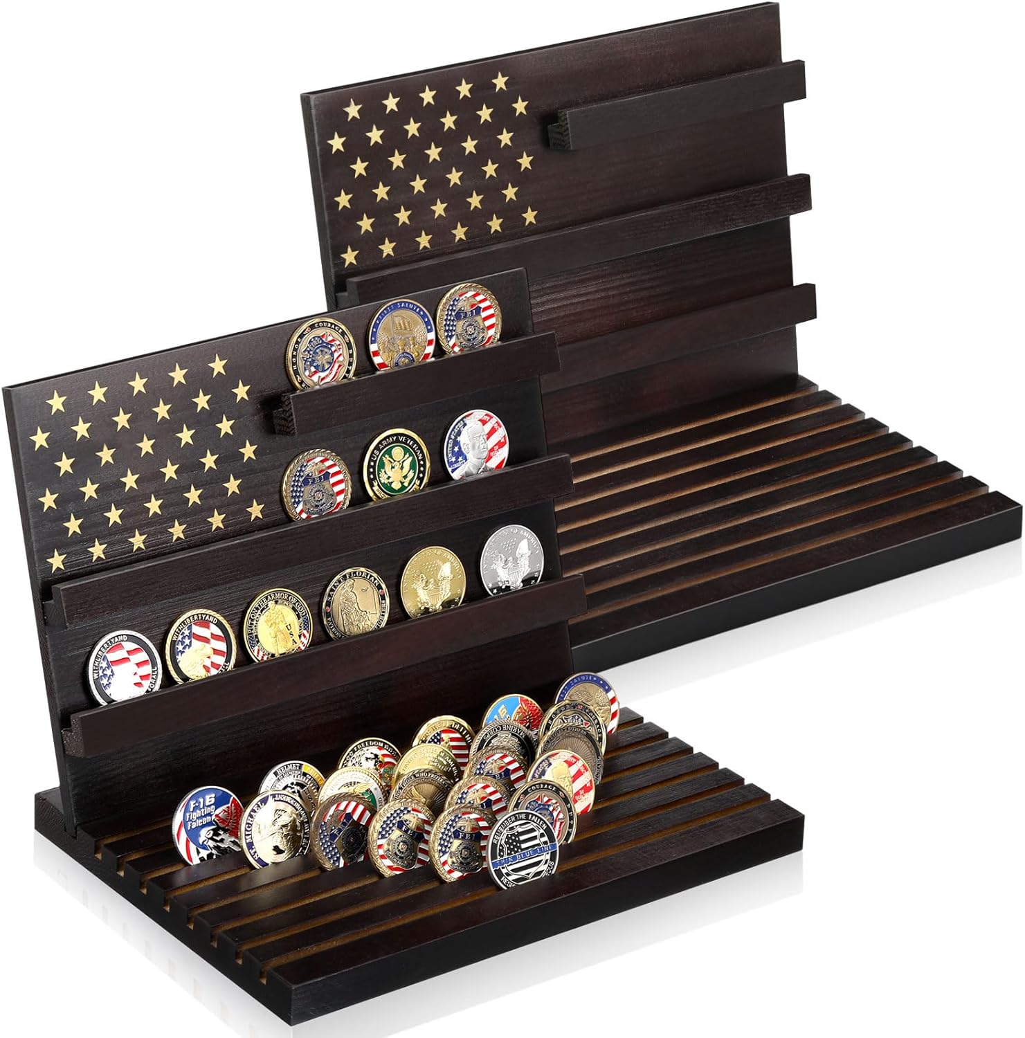 Threehoney 2 Pcs 250th Anniversary Commemorative Challenge Coin Display Stands 11 Rows Military Coin Holder Wooden Rack Holds 80 Coins Collectible Case with Removable Board Rows Display American Flag