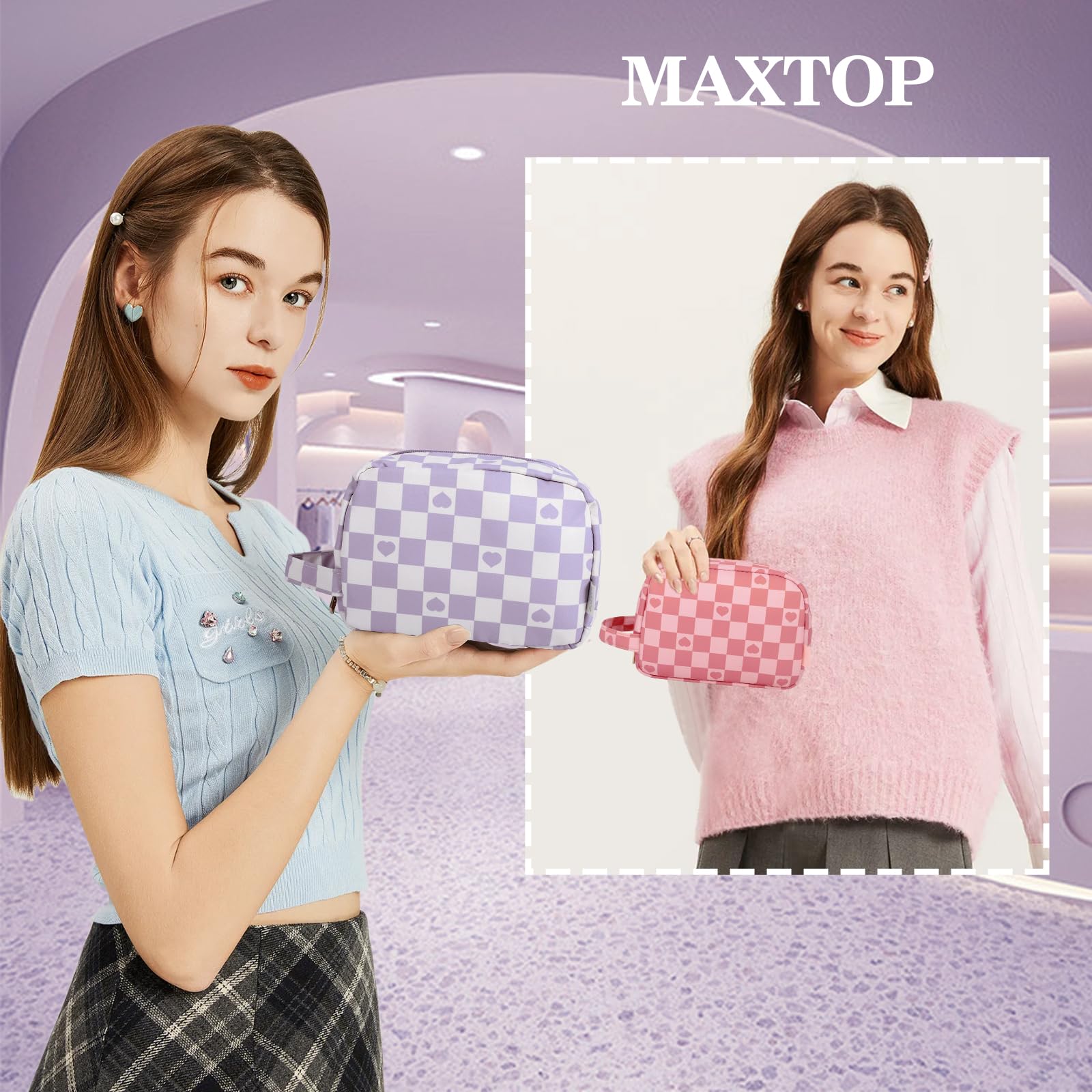 MAXTOP Small Makeup Bag for Purse Purple Checkered Cosmetic Bag Cute Makeup pouch Travel Essentials for Women Business Travel(Purple)
