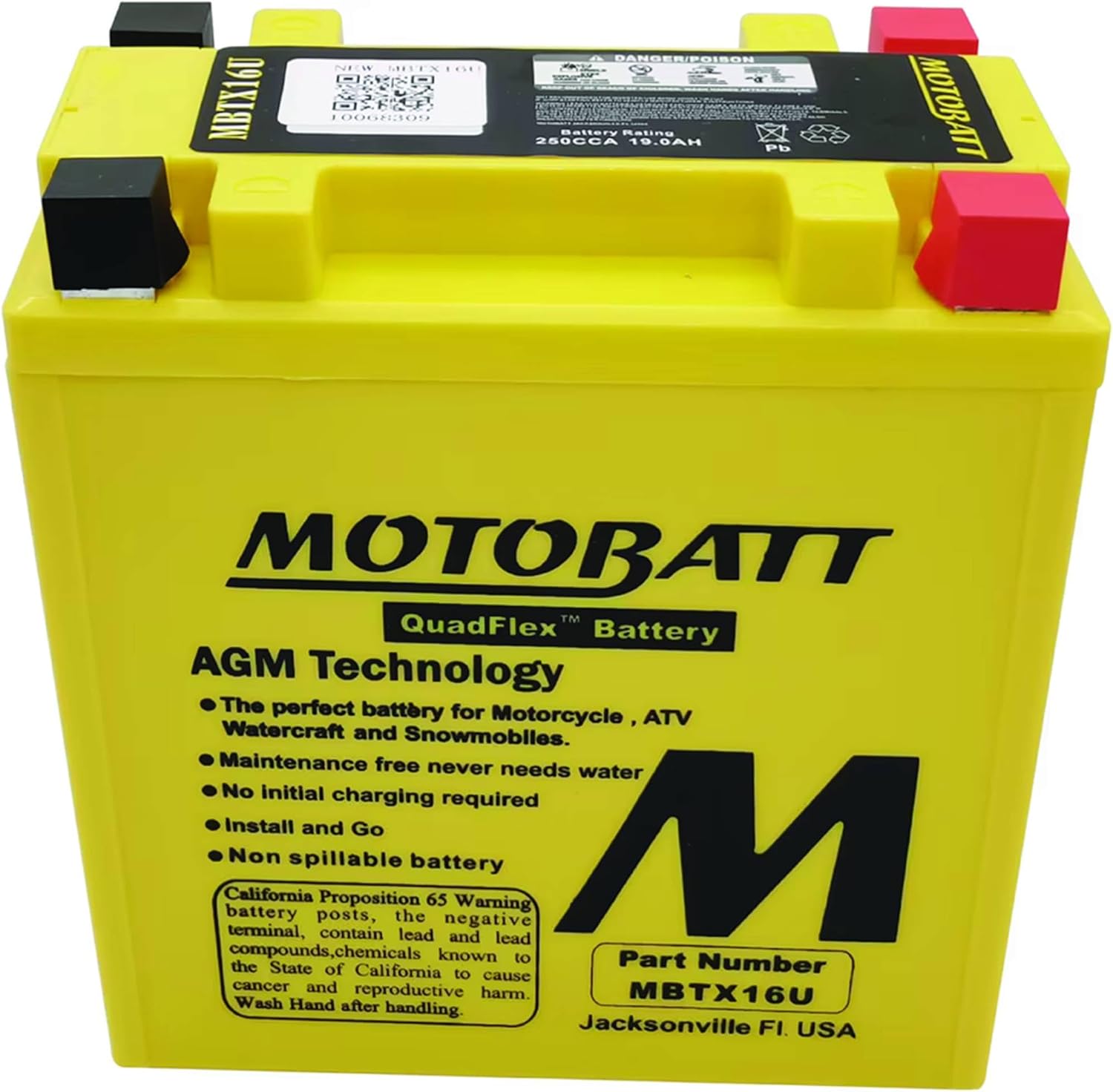 MotoBatt DB Electrical MBTX16U New Battery for Motobatt Battery 19Ah, Kawasaki, Moto Guzzi, Suzuki, Piaggio-Gilera Fuoco, Polaris Atv, Suzuki Motorcycle YTX16-BS YTX16-BS-1 YTX20A-BS YTX20CH-BS