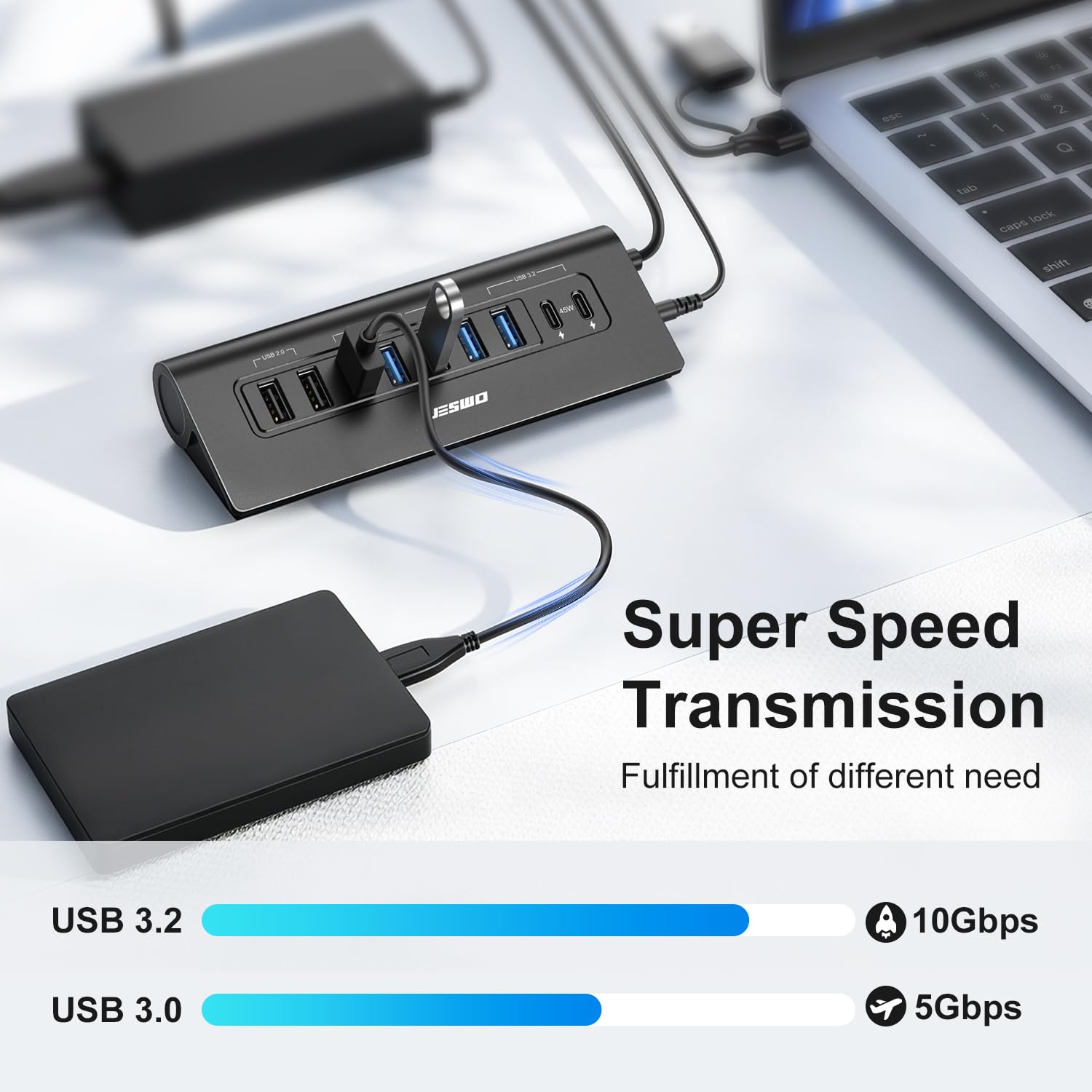 Hub USB alimentato, hub USB JESWO a 9 porte 10 Gbps, ricarica USB 3.2 45 W