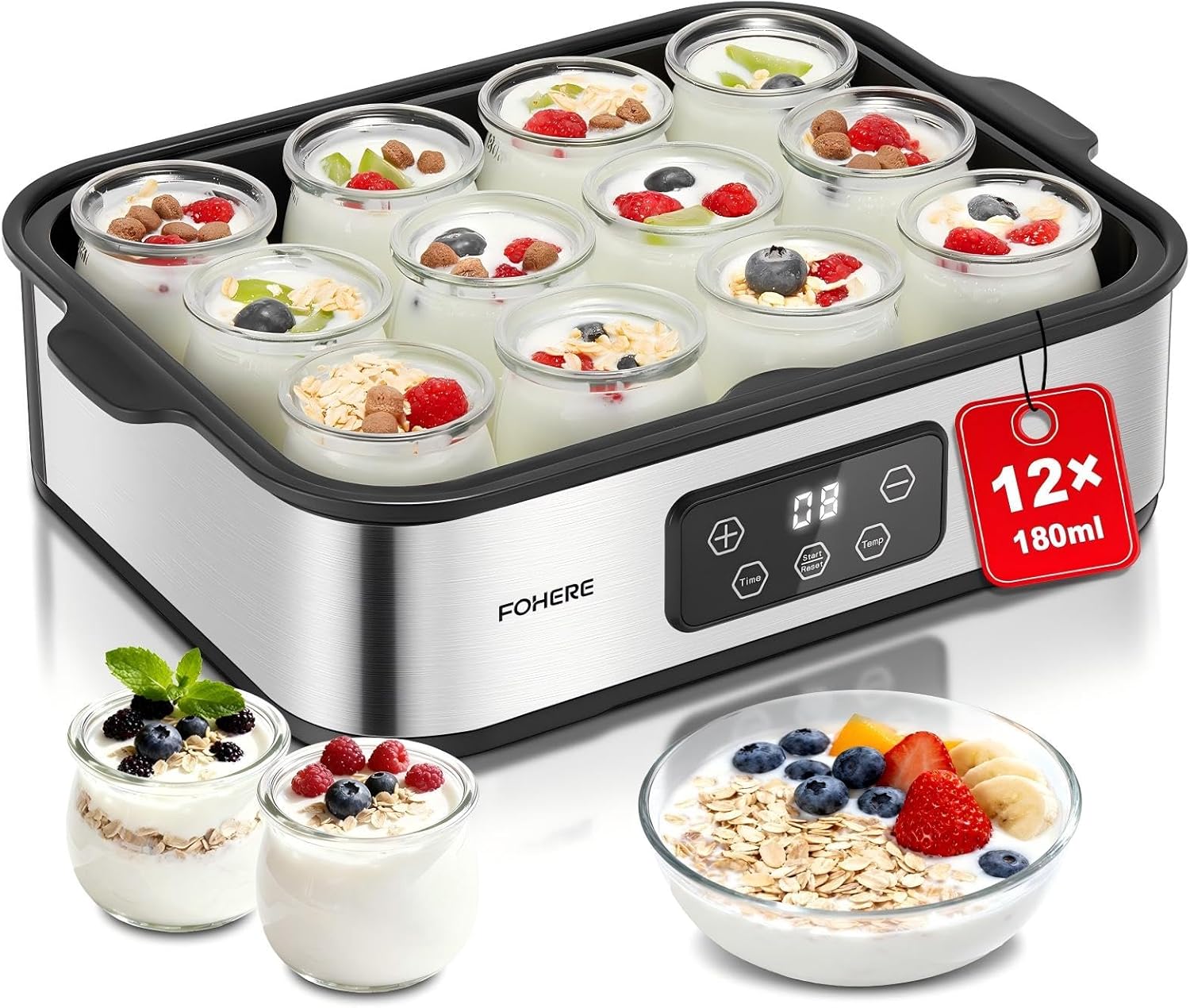 FOHERE Yaourtière, 12 pots, 180 ml, 25 W, machine à yaourt maison, programmable, écran LCD, corps en acier inoxydable, sans BPA, passe au lave-vaisselle, arrêt automatique