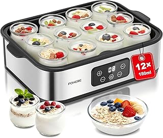 FOHERE Yaourtière 12 pots 180 ml, 25W Machine à Yaourt Maison, Programmable, Ecran LCD, Corps en Acier Inoxydable, Sans BPA, Compatible au lave vaisselle, Arrêt Automatique