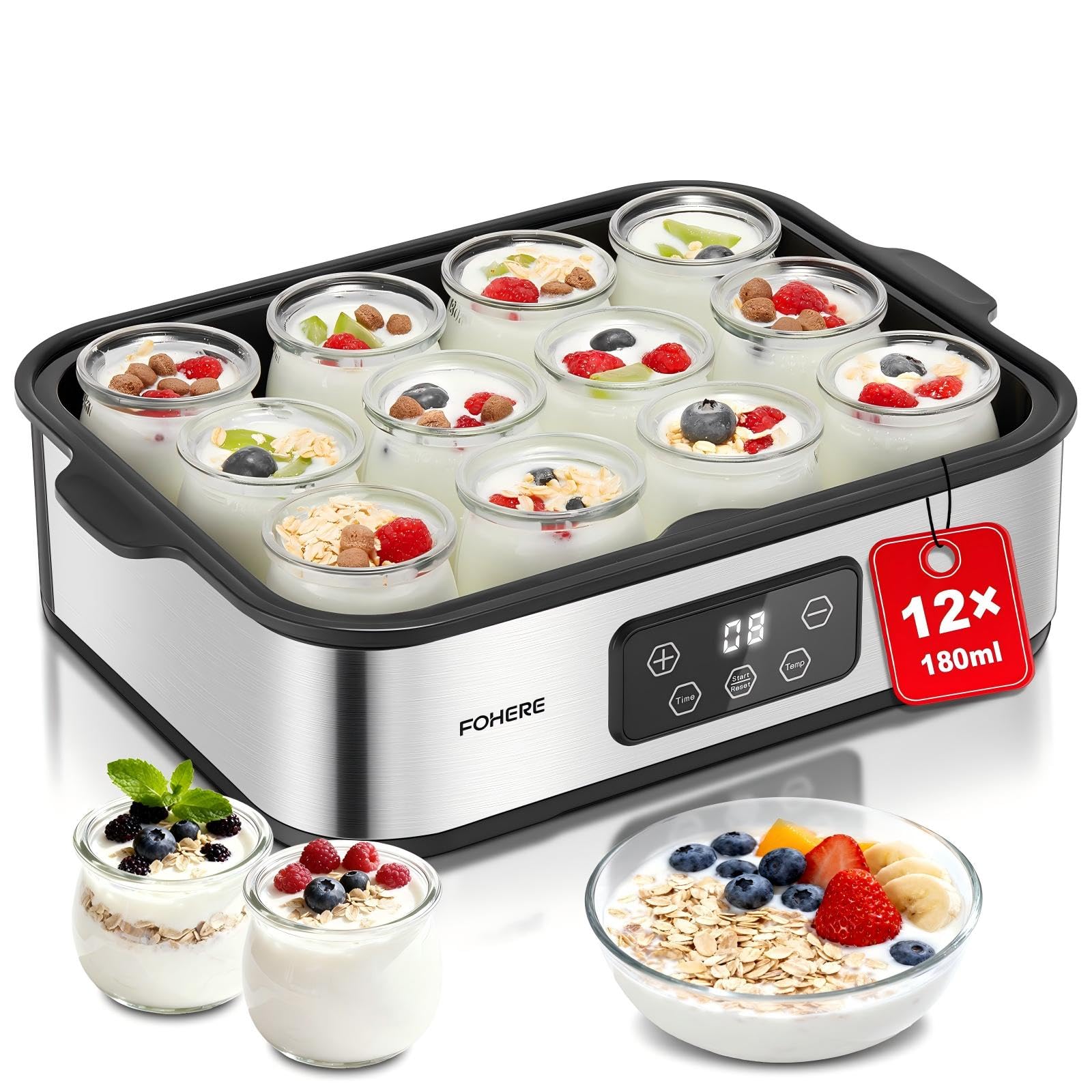 FOHERE Joghurtbereiter 25W inkl. 12 Glasbehälter à 180 ml für bis 2,16L Selbstgemachten Joghurt, Griechischer Joghurtmaschine mit Temperatur und Timer, LCD Display, Abschaltautomatik, BPA-frei