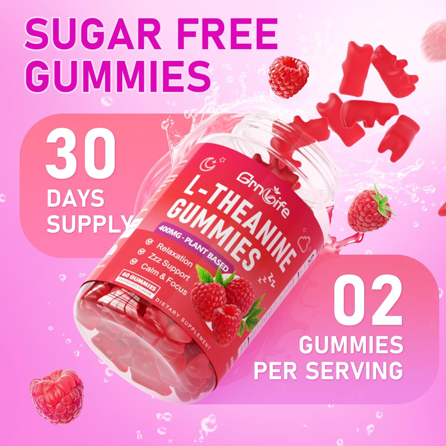L-Theanine Gummies for Kids & Adults, L'Theanine 400mg with Ashwagandha, GABA, 5HTP, L Theanine Supplement for Calm, Zzz & Relaxation Support, Raspberry Flavor, 60 Counts - Image 6