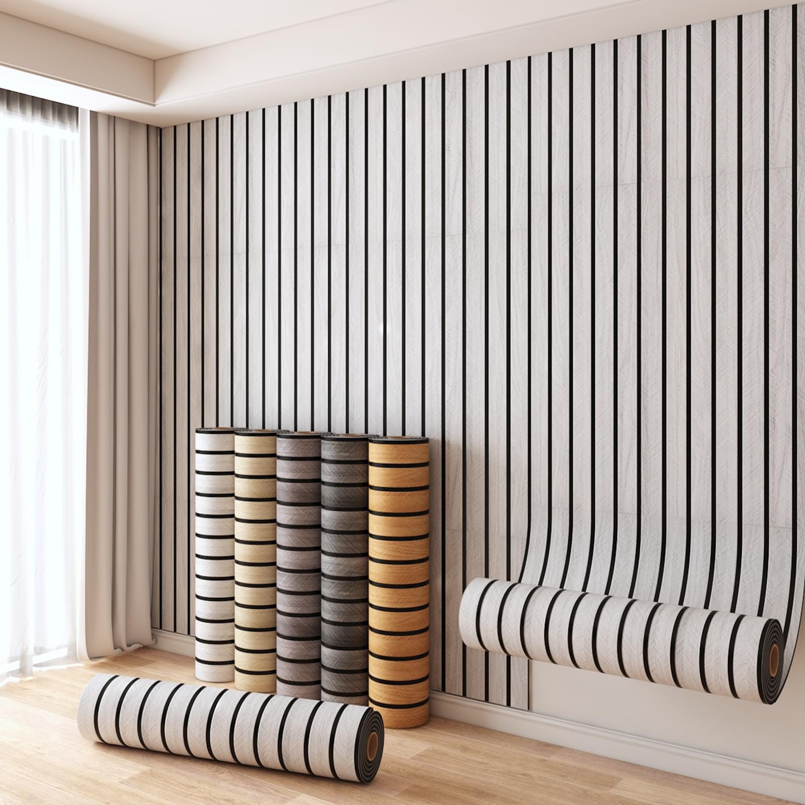 Self-Adhesive Wood-Look Wallpaper 2mm Thick Acoustic Panels Wood Wall 3D Effect Scandinavian Wood Panels Wood Wall Waterproof Peel and Stick Wall Panels for Living Room,Light Grey,3 Rolle 300x40cm