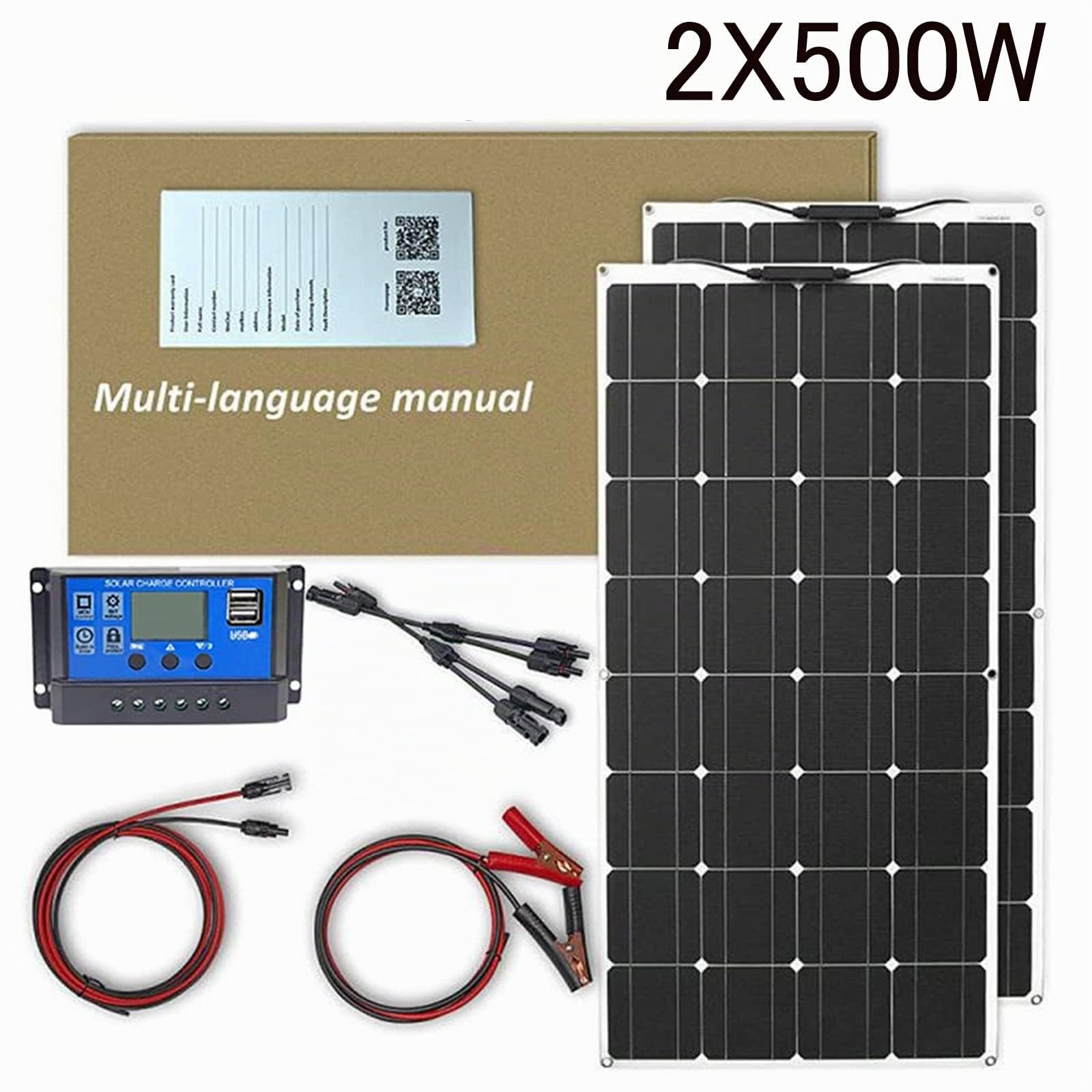 Kit pannello solare da 1000 W, 2 pezzi, 500 W, pannello solare flessibile Off Grid System 18 V, modulo monocristallino fotovoltaico, con doppie porte USB