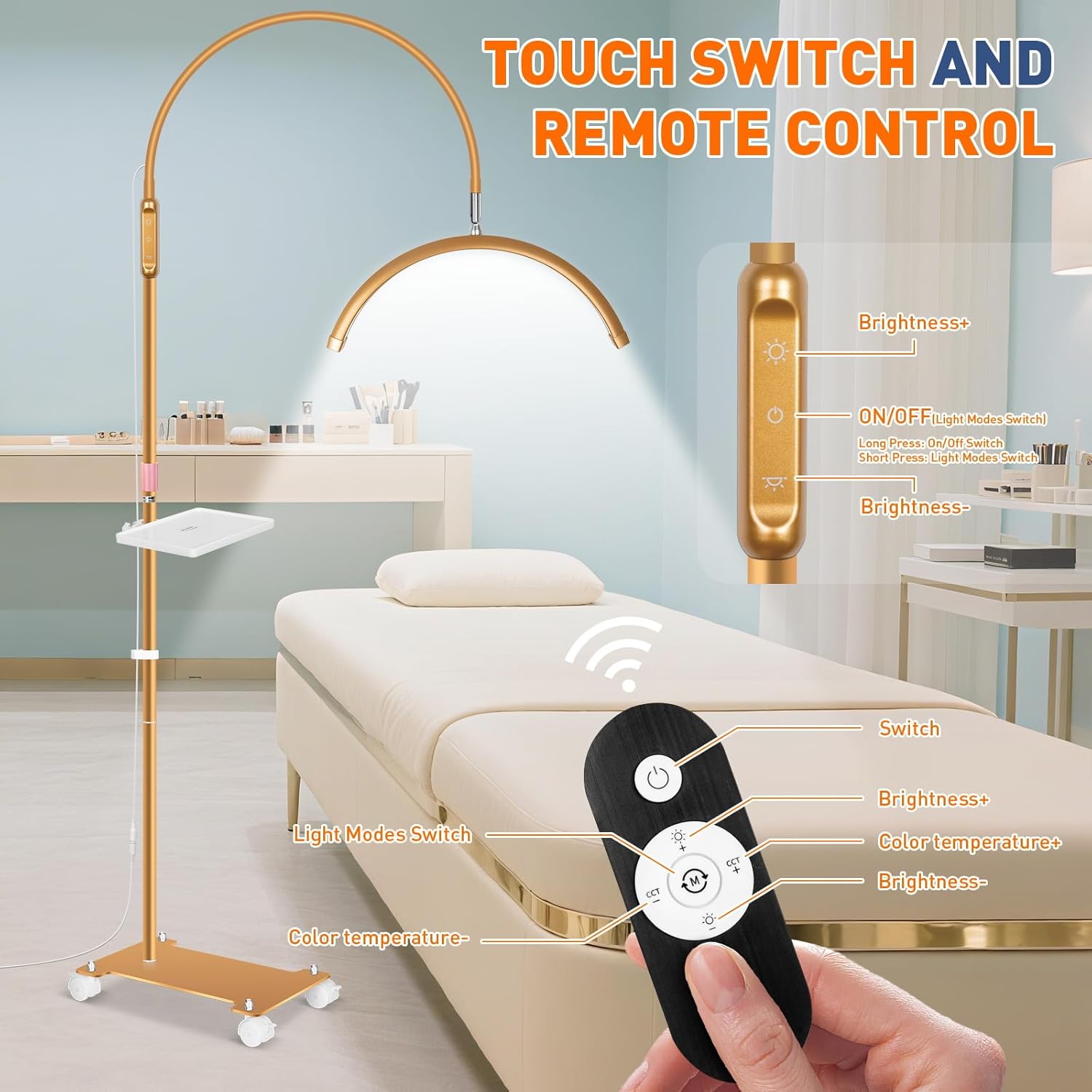 KIRKAS Lash Light Half Moon Lamp with Tool Tray, Flexible Gooseneck Lash Nail Tech for Esthetician Eyelash Extension, Tattoo, 18 Inch LED Floor Lamp with Roller Base Adjustable Brightness Color-Gold