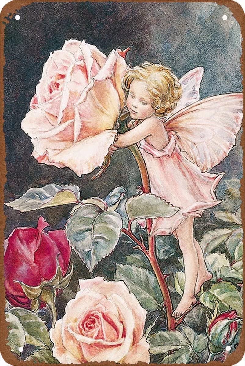 Metal tin Sign Cartoon Rose Flower Fairy Metal Sign Interesting and Novel Tin Sign Bar Courtyard Bathroom Wall Decoration Vintage Rusty Vintage Signs for Outdoor Decorations Gift For Women 8x12 Inch