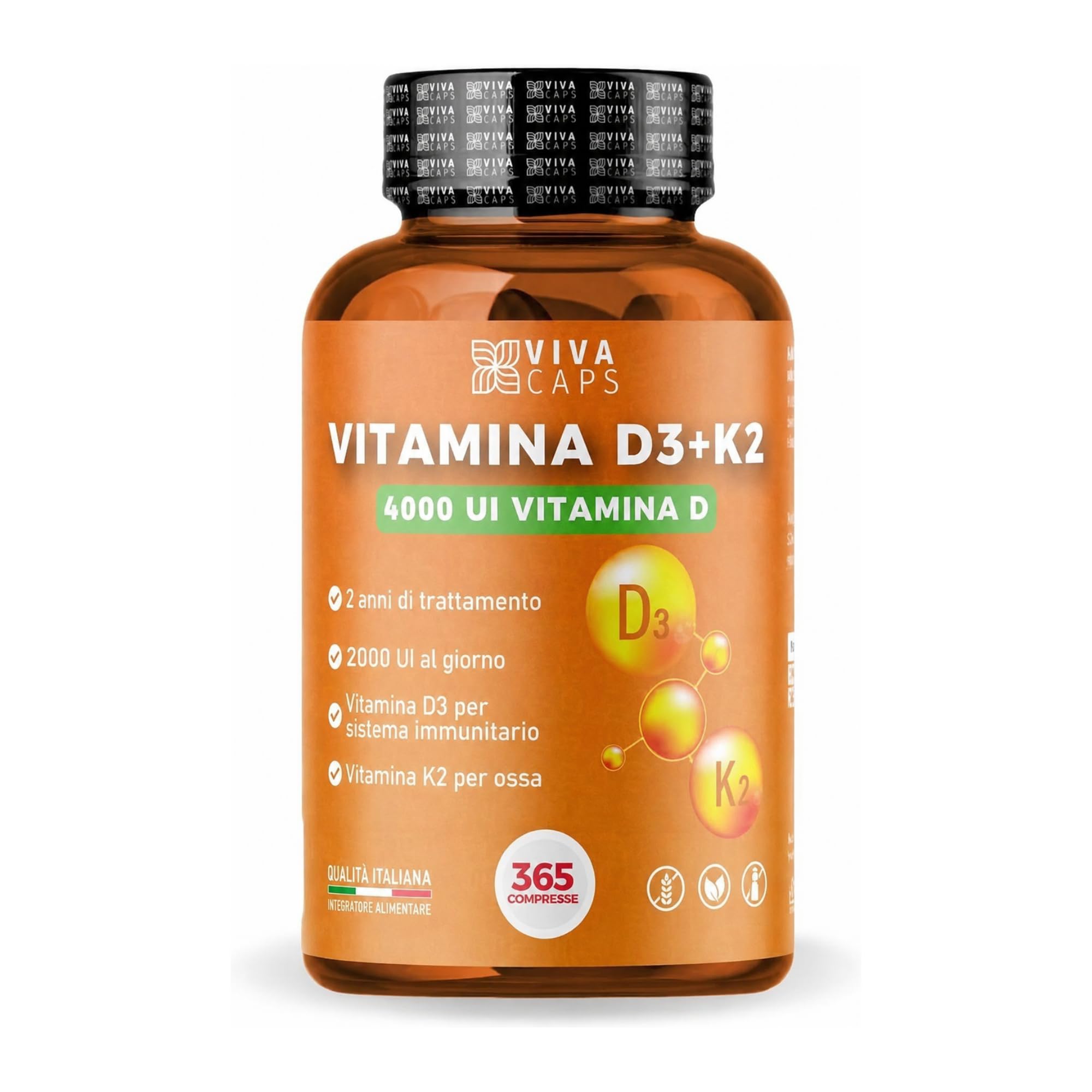 Vitamina d3 k2 mk7 vegana alto dosaggio 365 Micro compresse, Vitamina d3 4000 ui e 200 mcg di Menachinone per sistema immunitario, ossa e denti - Made in italy