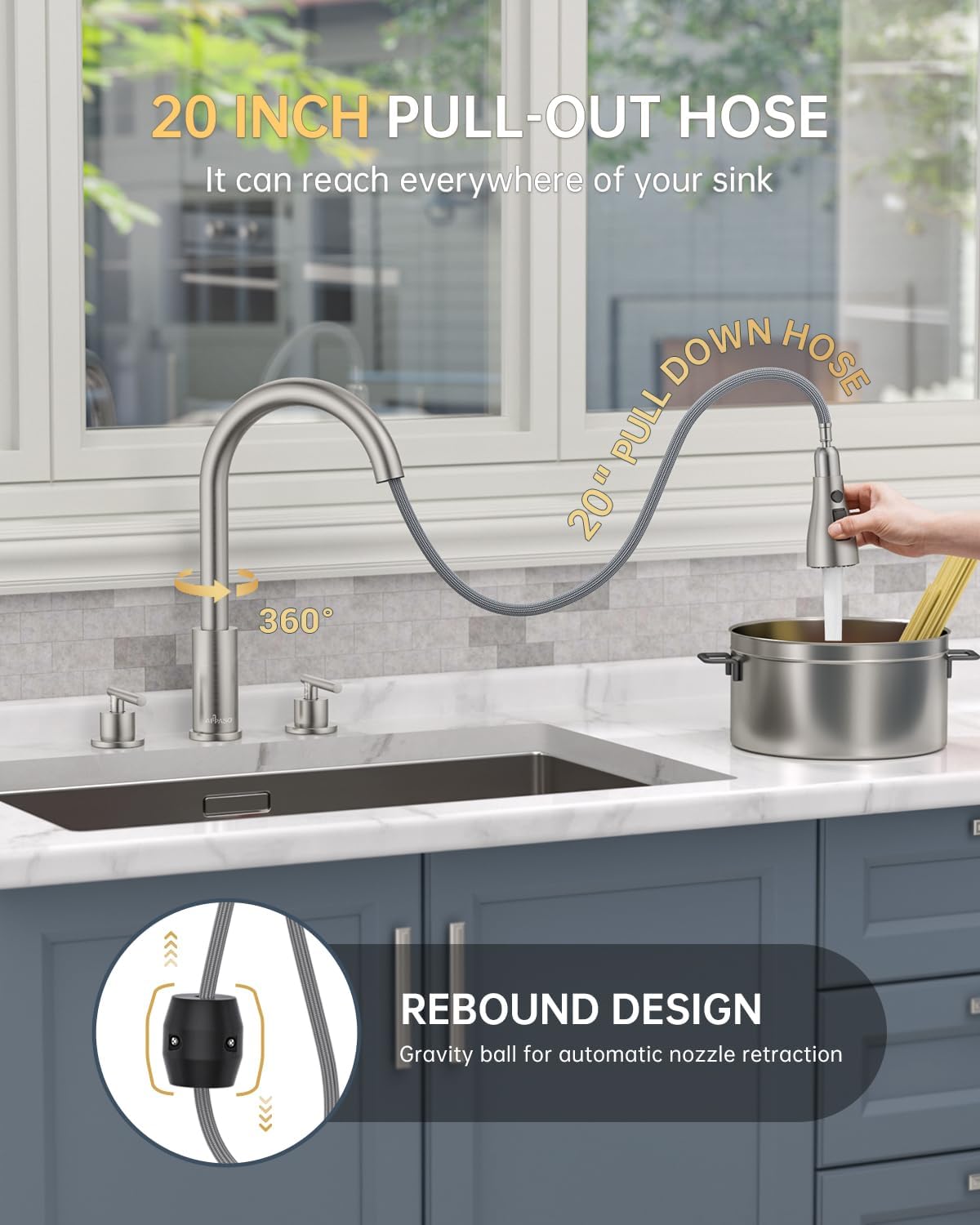 APPASO 2 Handle Kitchen Faucet, Brushed Nickel 3 Hole Kitchen Sink Faucet,Modern High Arc 3 Modes Stainless Steel Faucet for Kitchen Sink - Image 4