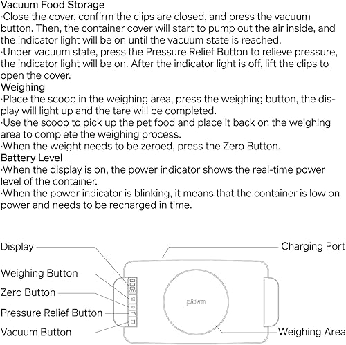 Miniatura 8 de pidan Almacenamiento de alimentos para mascotas al vacío con escala, cubo hermético para alimentos secos para mascotas de 17 libras, contenedor