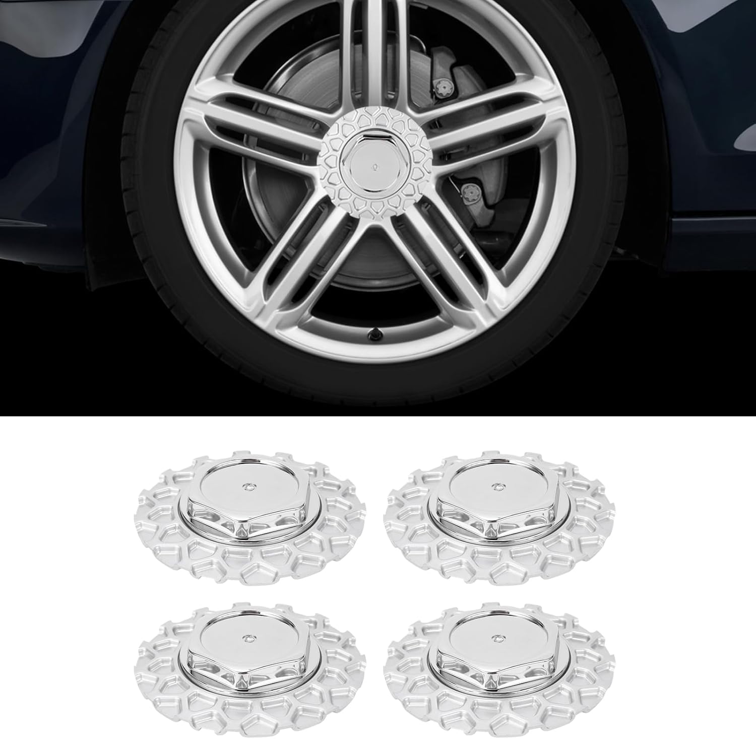 リムハブセンターキャップ、4PCSホイールセンターハブキャップ防水157mm強力な保護シルバー車両用